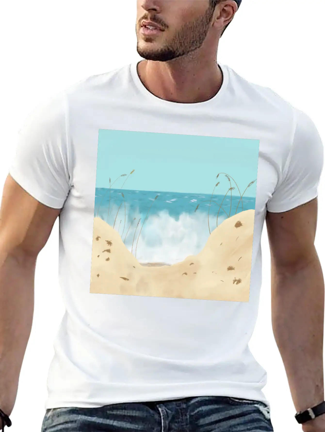 Ocean Waves Against The Shore And Sand Dunes Lightweight Cotton T-Shirt – Daily Comfort Graphic Shirt