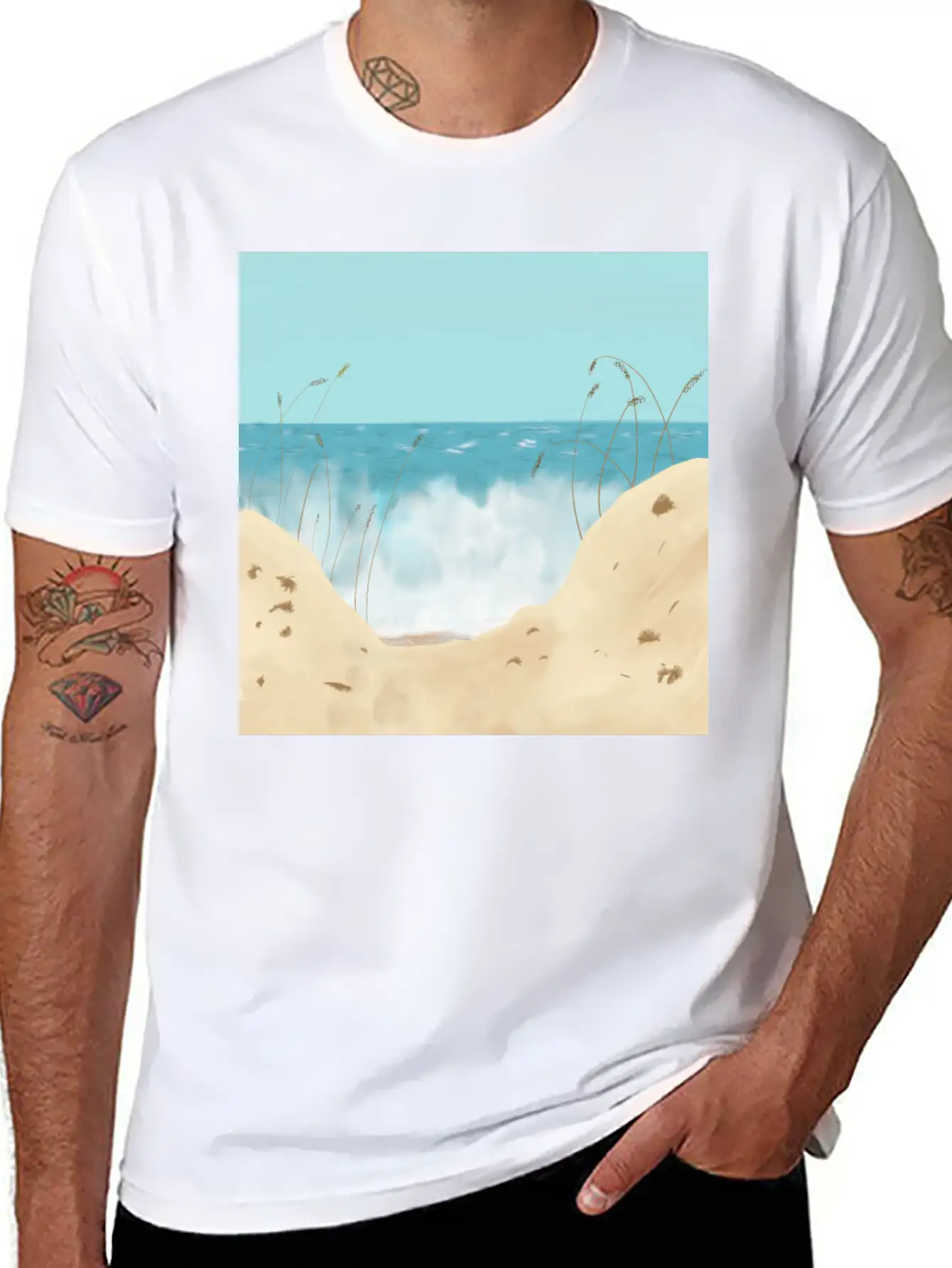 Ocean Waves Against The Shore And Sand Dunes Lightweight Cotton T-Shirt – Daily Comfort Graphic Shirt