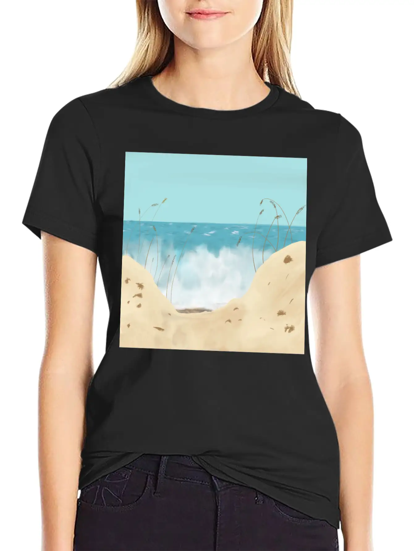 Ocean Waves Against The Shore And Sand Dunes Lightweight Cotton T-Shirt – Daily Comfort Graphic Shirt