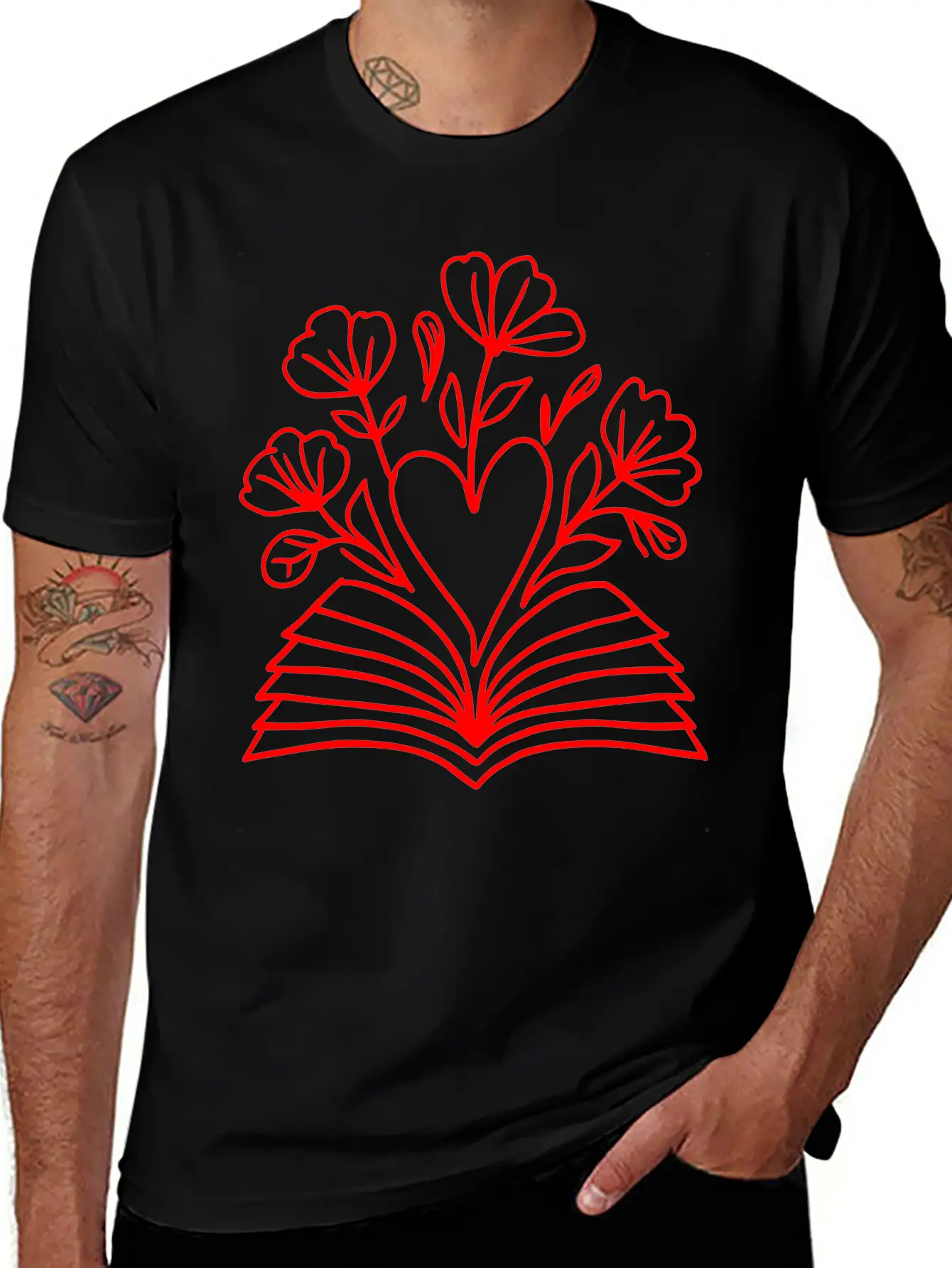Open Book Heart Flowers One Color Vector Modern Fit Casual T-Shirt – Clean And Versatile Design