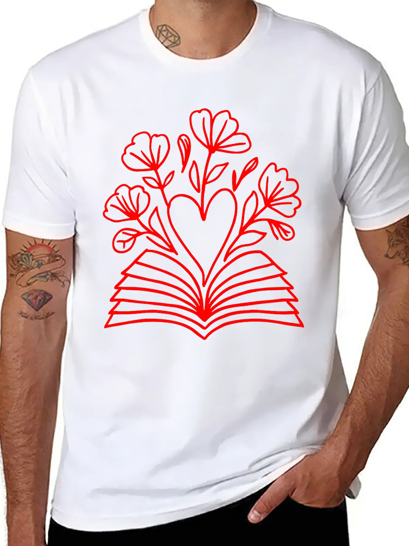 Open Book Heart Flowers One Color Vector Modern Fit Casual T-Shirt – Clean And Versatile Design