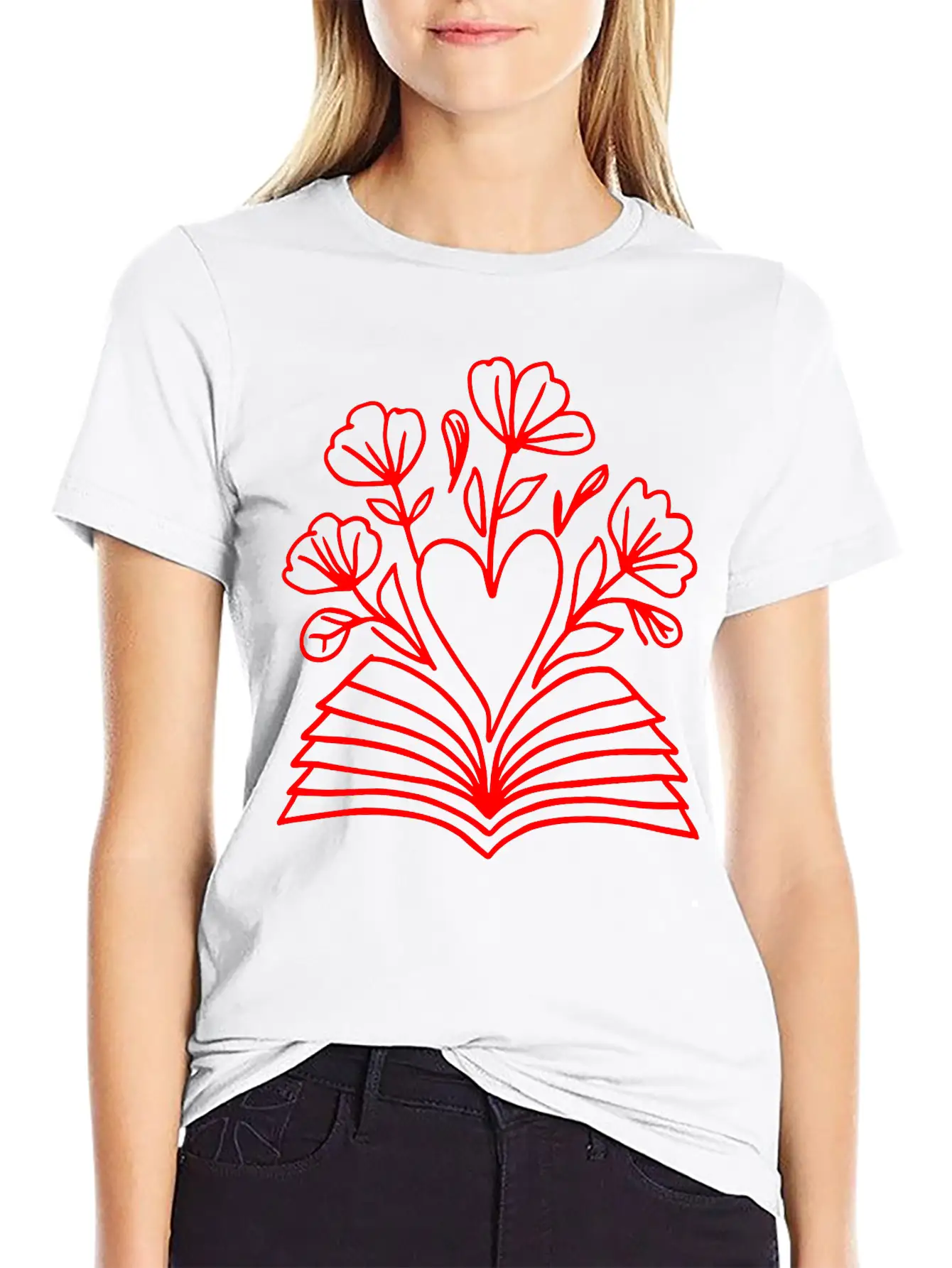 Open Book Heart Flowers One Color Vector Modern Fit Casual T-Shirt – Clean And Versatile Design