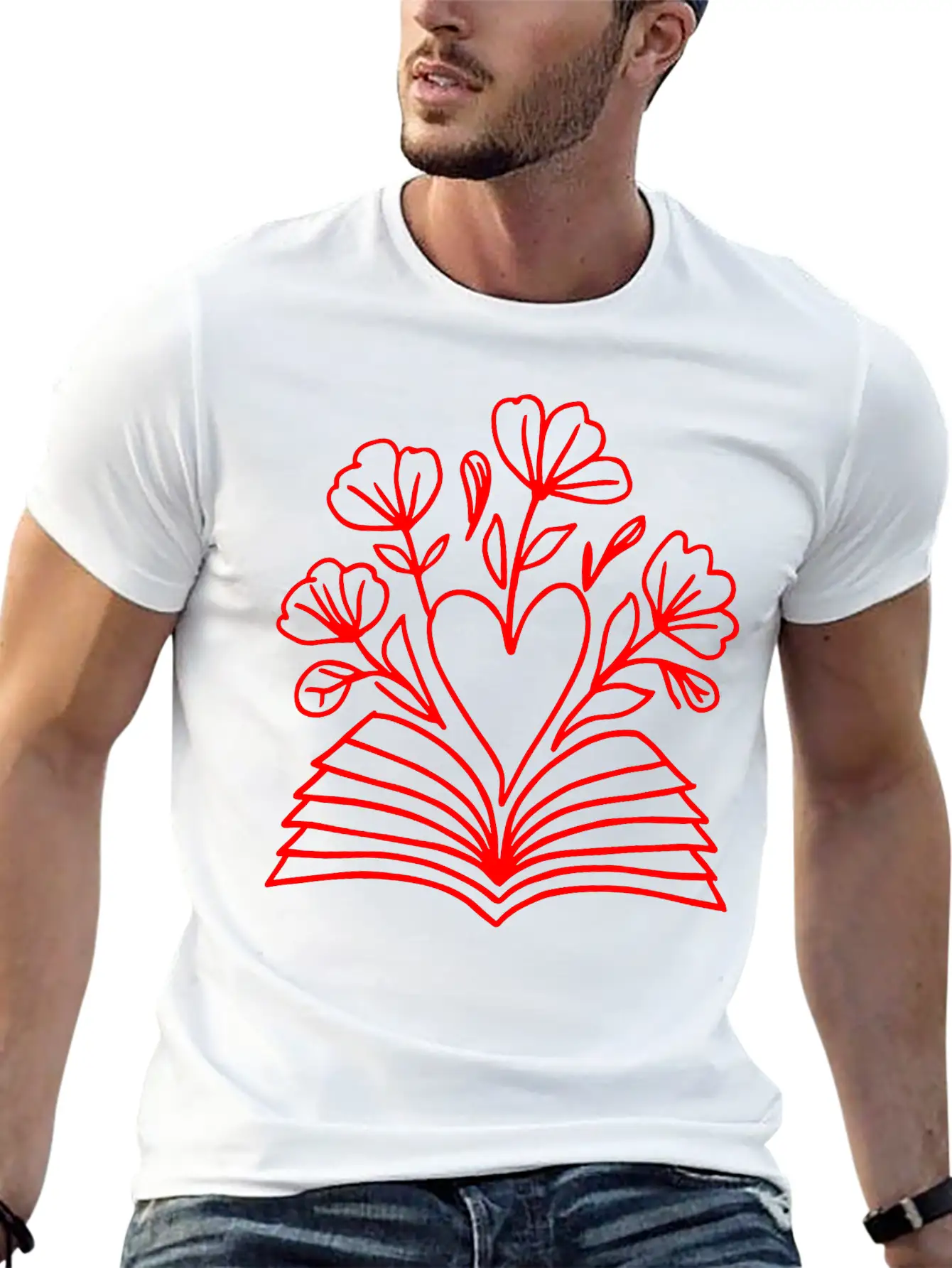 Open Book Heart Flowers One Color Vector Modern Fit Casual T-Shirt – Clean And Versatile Design