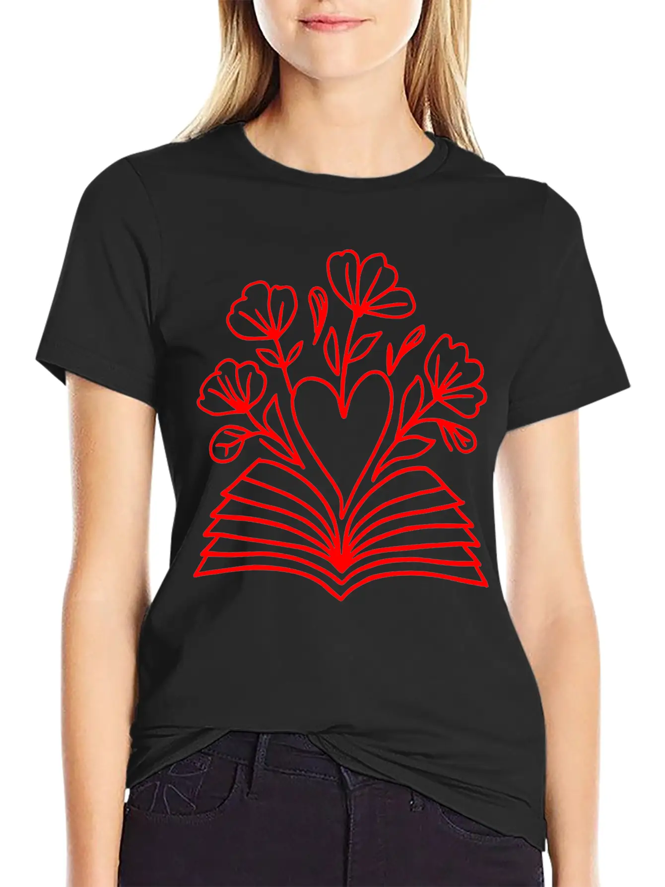Open Book Heart Flowers One Color Vector Modern Fit Casual T-Shirt – Clean And Versatile Design