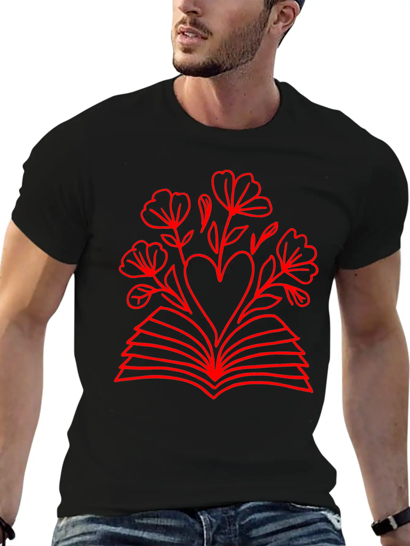Open Book Heart Flowers One Color Vector Modern Fit Casual T-Shirt – Clean And Versatile Design