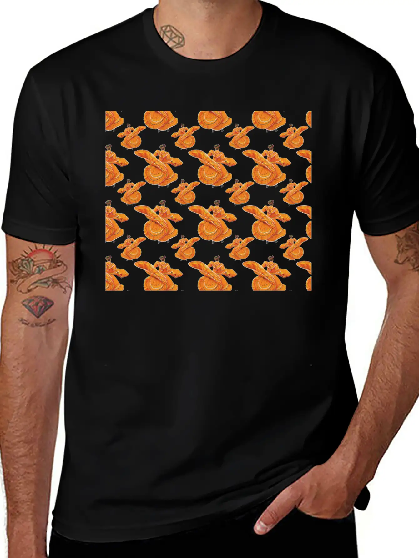 Orange Ballet Dancers Baile Folklorico Pattern Stylish Everyday T-Shirt – Unisex Basic Cotton Tee