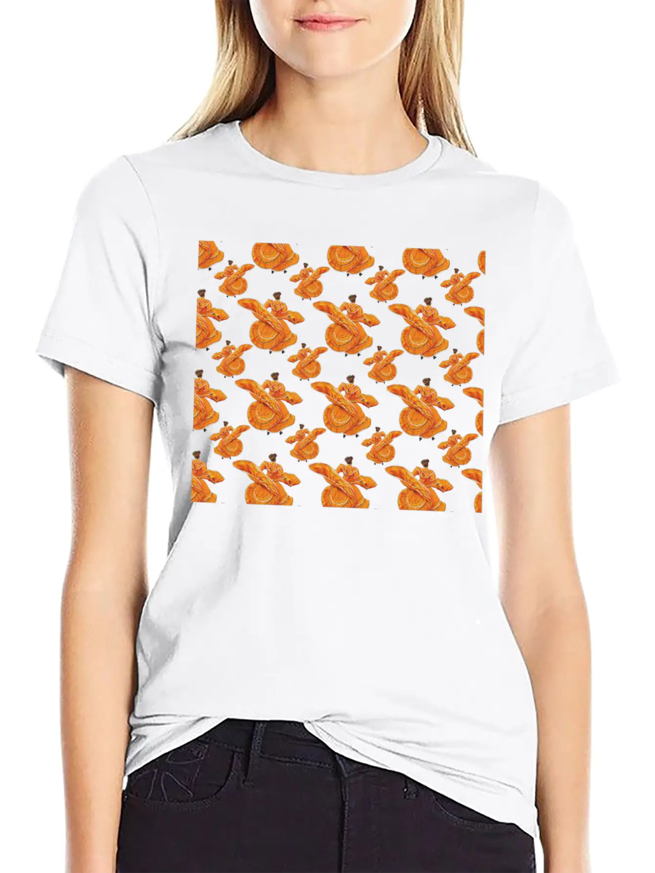 Orange Ballet Dancers Baile Folklorico Pattern Stylish Everyday T-Shirt – Unisex Basic Cotton Tee