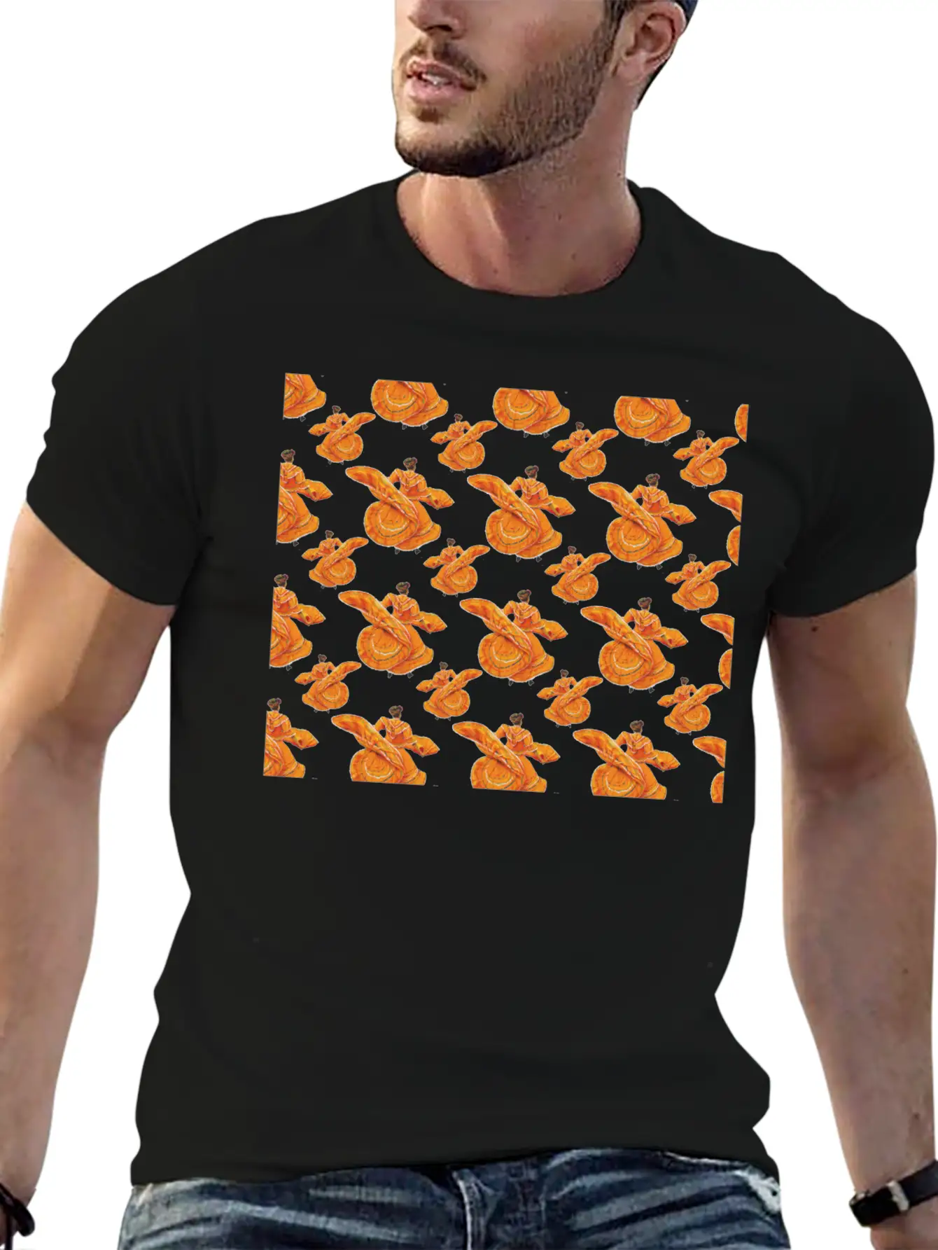 Orange Ballet Dancers Baile Folklorico Pattern Stylish Everyday T-Shirt – Unisex Basic Cotton Tee