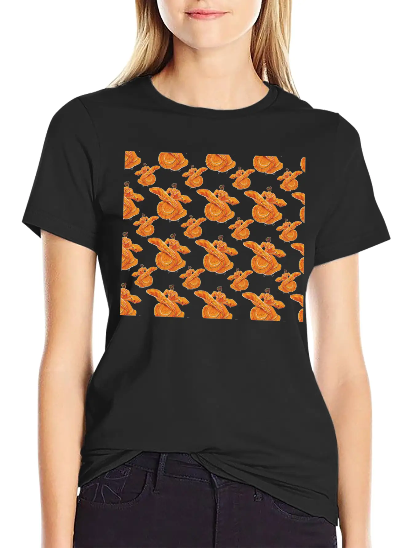 Orange Ballet Dancers Baile Folklorico Pattern Stylish Everyday T-Shirt – Unisex Basic Cotton Tee
