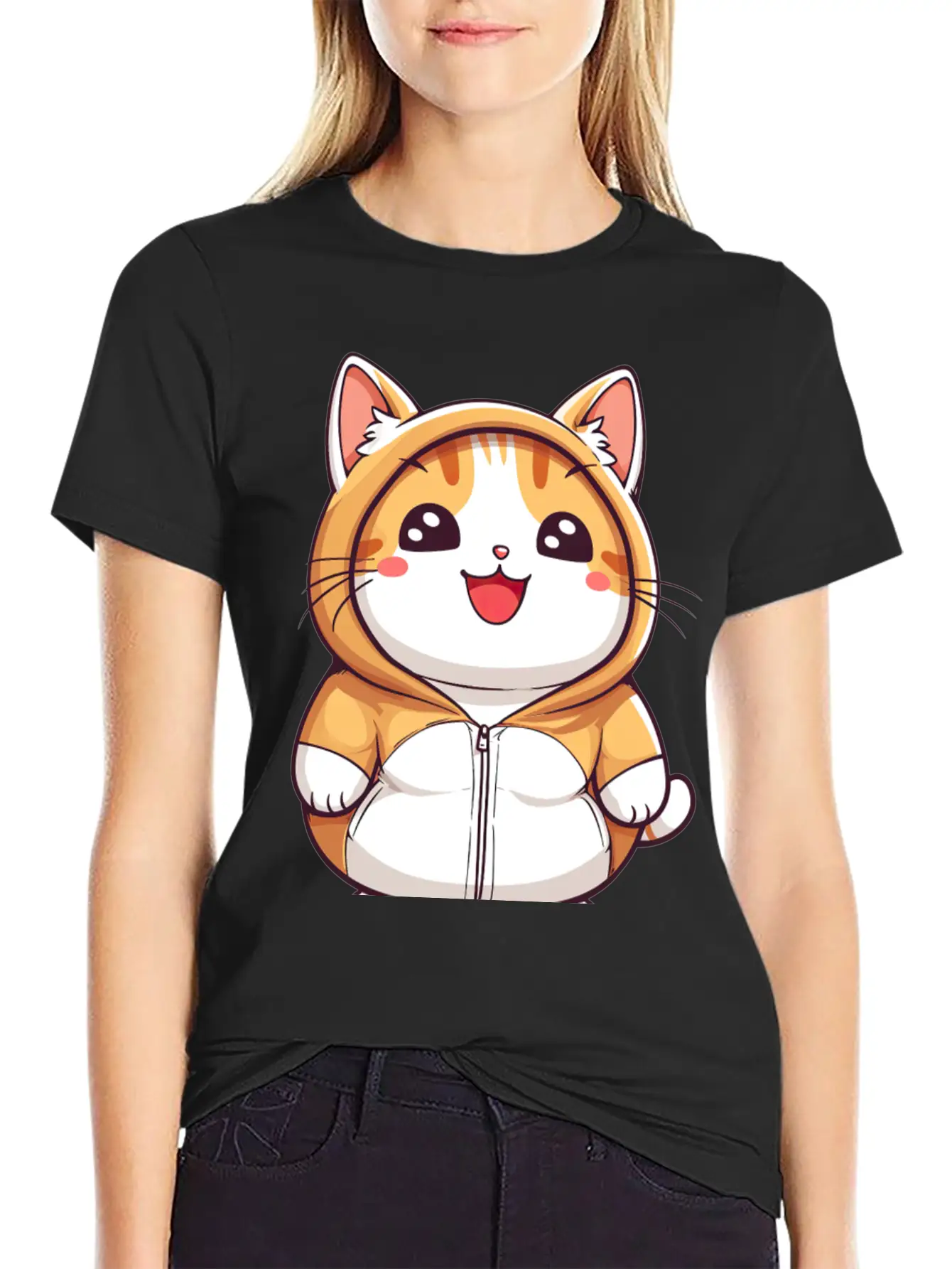 Orange Kawaii Cat In Hoodie Unisex Casual T-Shirt – Clean Design For Daily Comfort