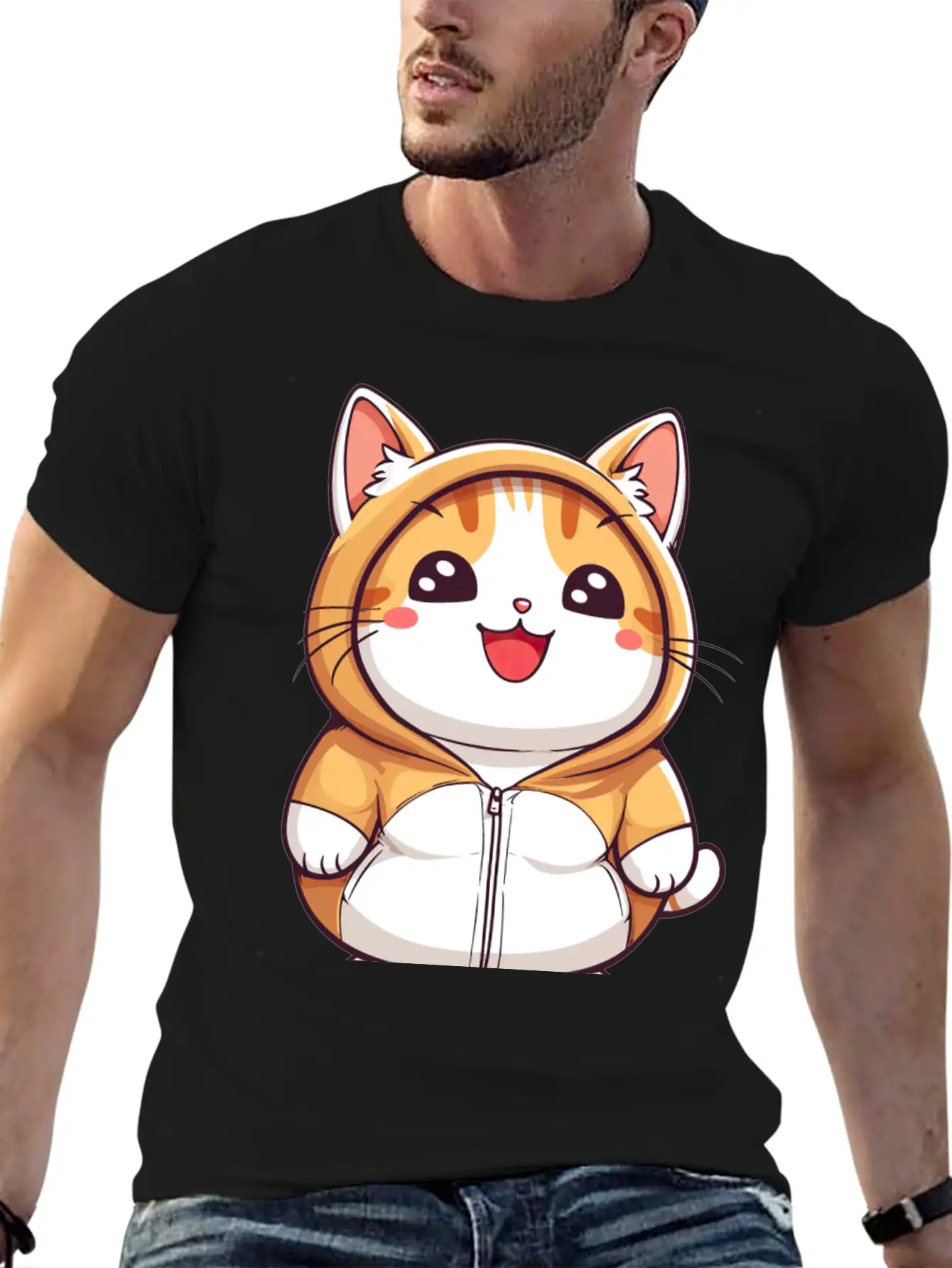 Orange Kawaii Cat In Hoodie Unisex Casual T-Shirt – Clean Design For Daily Comfort