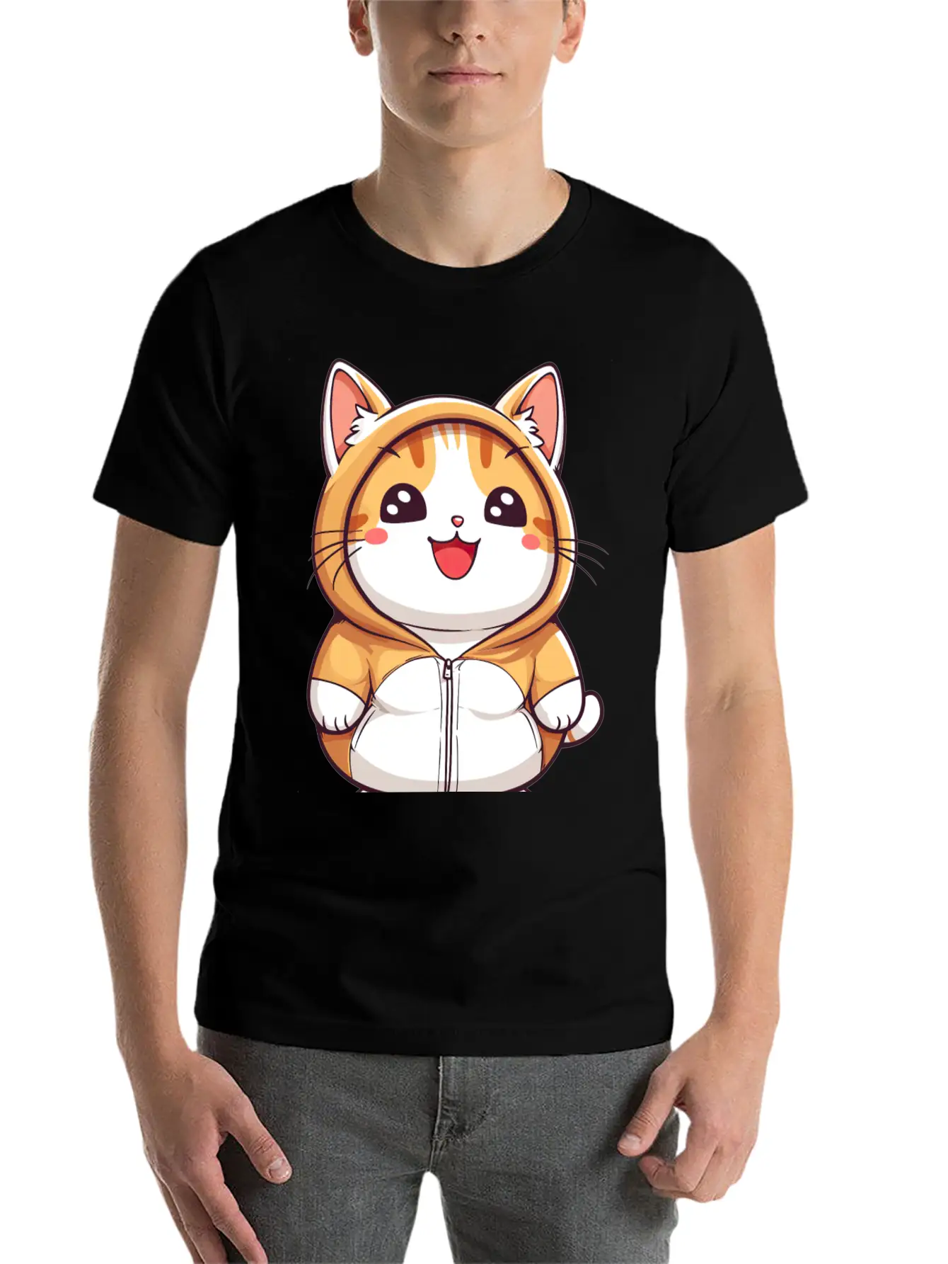 Orange Kawaii Cat In Hoodie Unisex Casual T-Shirt – Clean Design For Daily Comfort