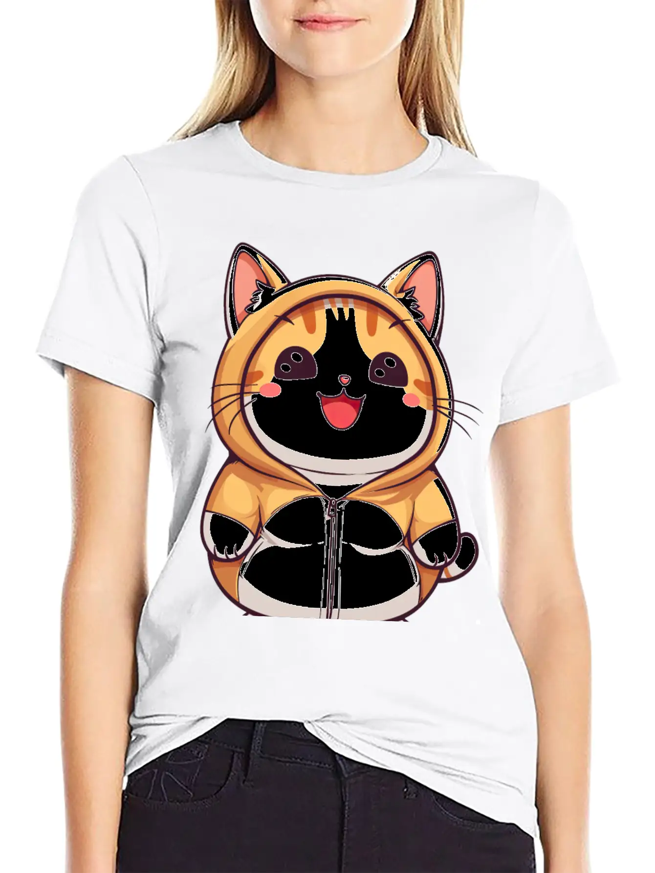 Orange Kawaii Cat In Hoodie Unisex Casual T-Shirt – Clean Design For Daily Comfort