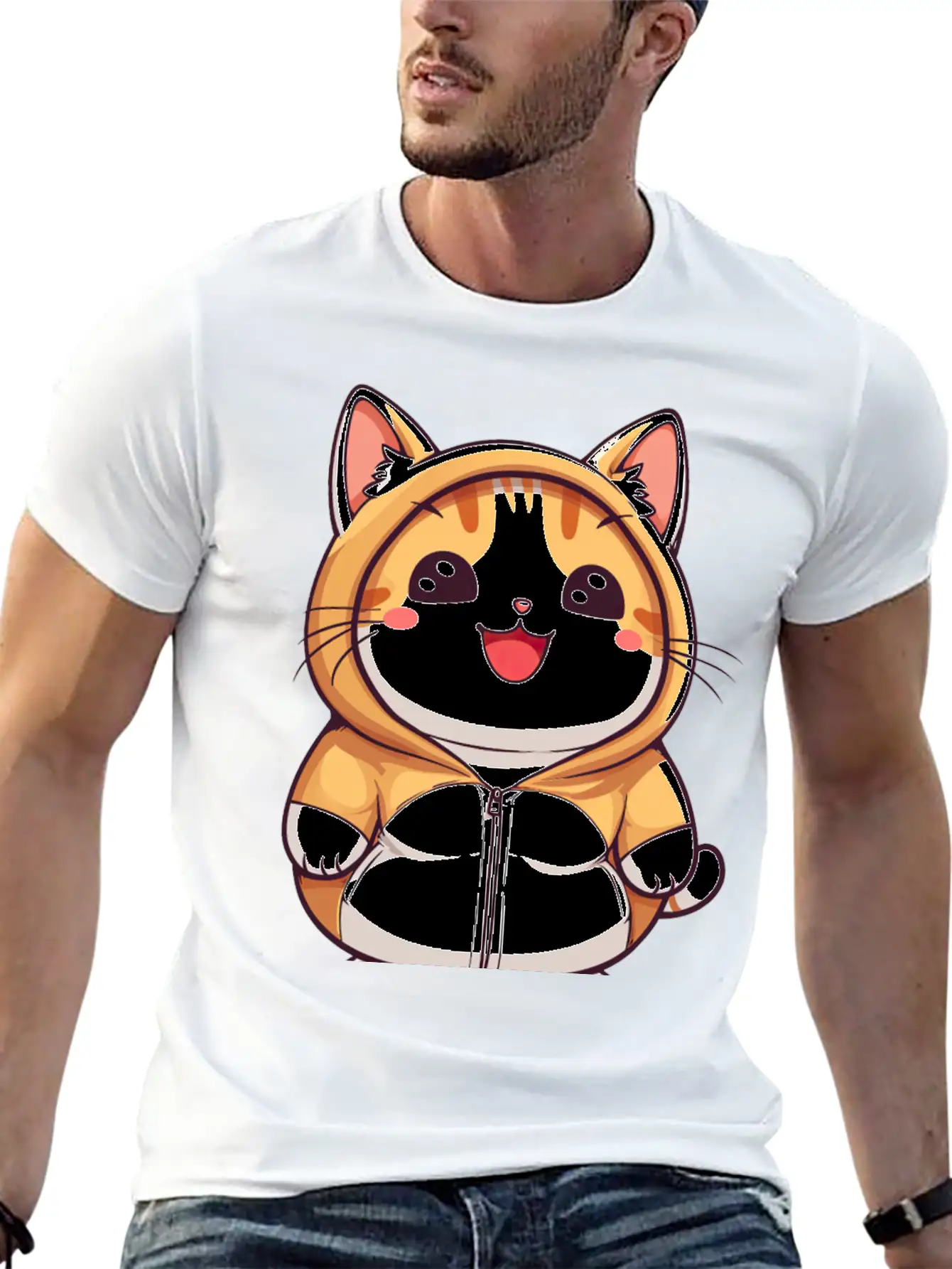 Orange Kawaii Cat In Hoodie Unisex Casual T-Shirt – Clean Design For Daily Comfort