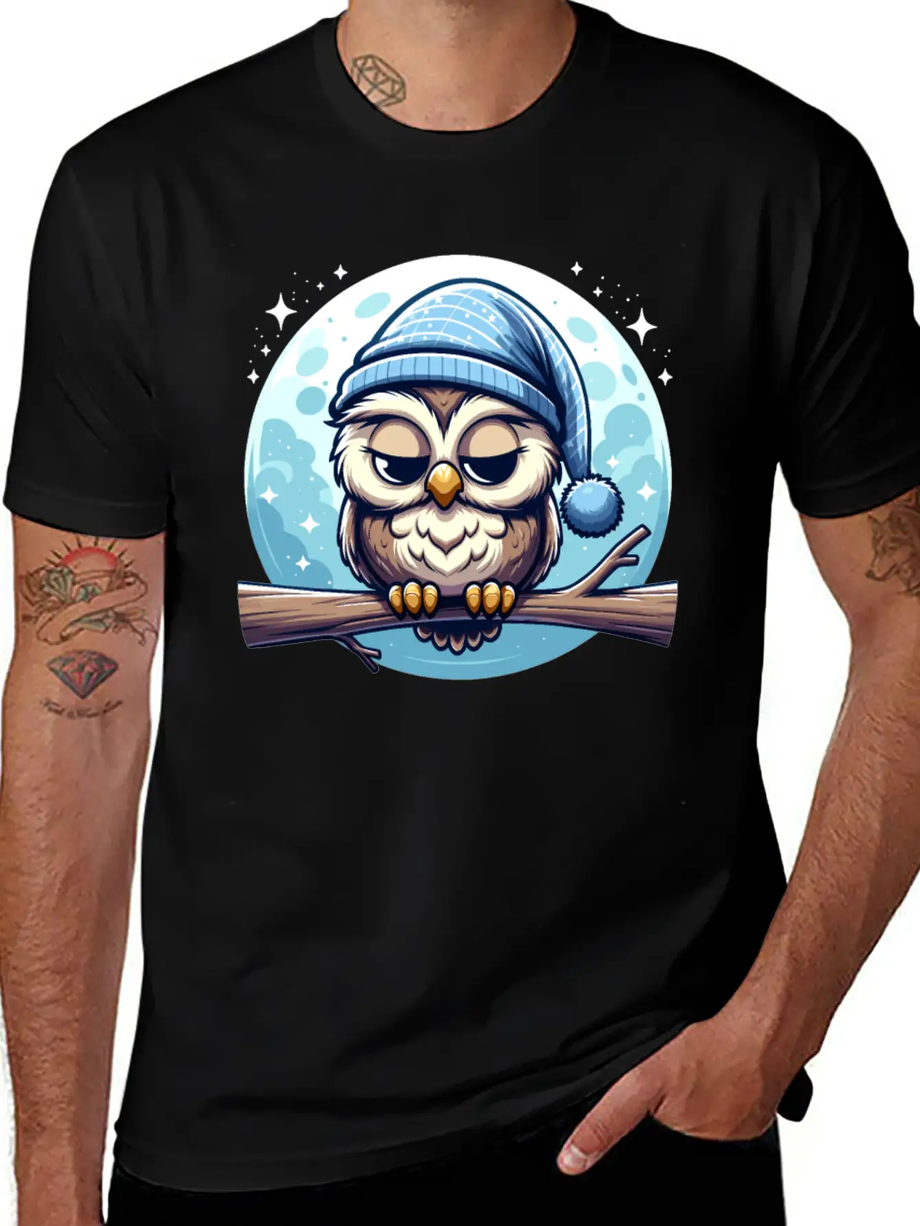 Owl Nightcap Sleeping Owl Moon Lightweight Cotton T-Shirt – Daily Comfort Graphic Shirt