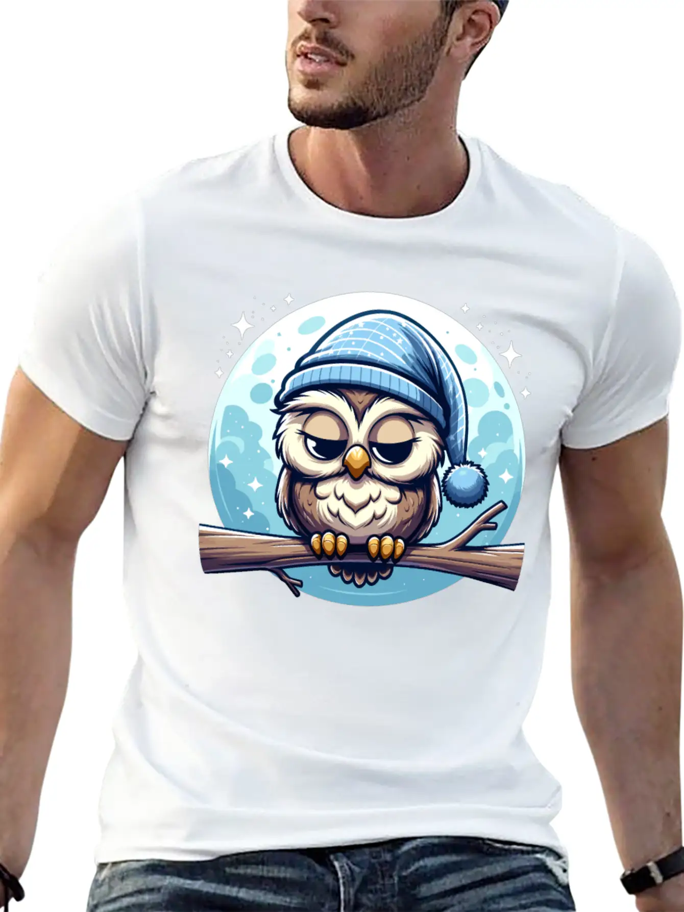 Owl Nightcap Sleeping Owl Moon Lightweight Cotton T-Shirt – Daily Comfort Graphic Shirt