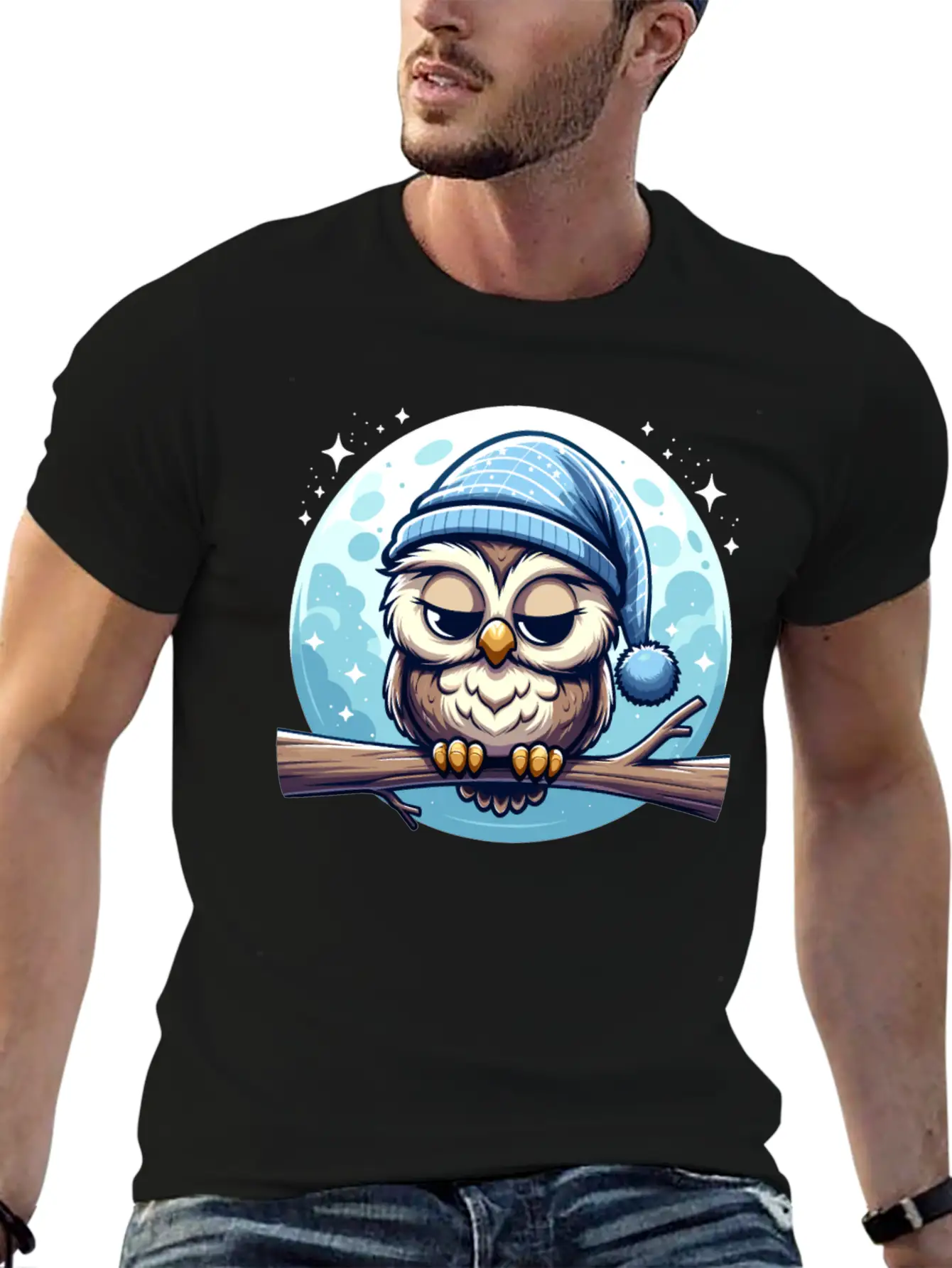 Owl Nightcap Sleeping Owl Moon Lightweight Cotton T-Shirt – Daily Comfort Graphic Shirt