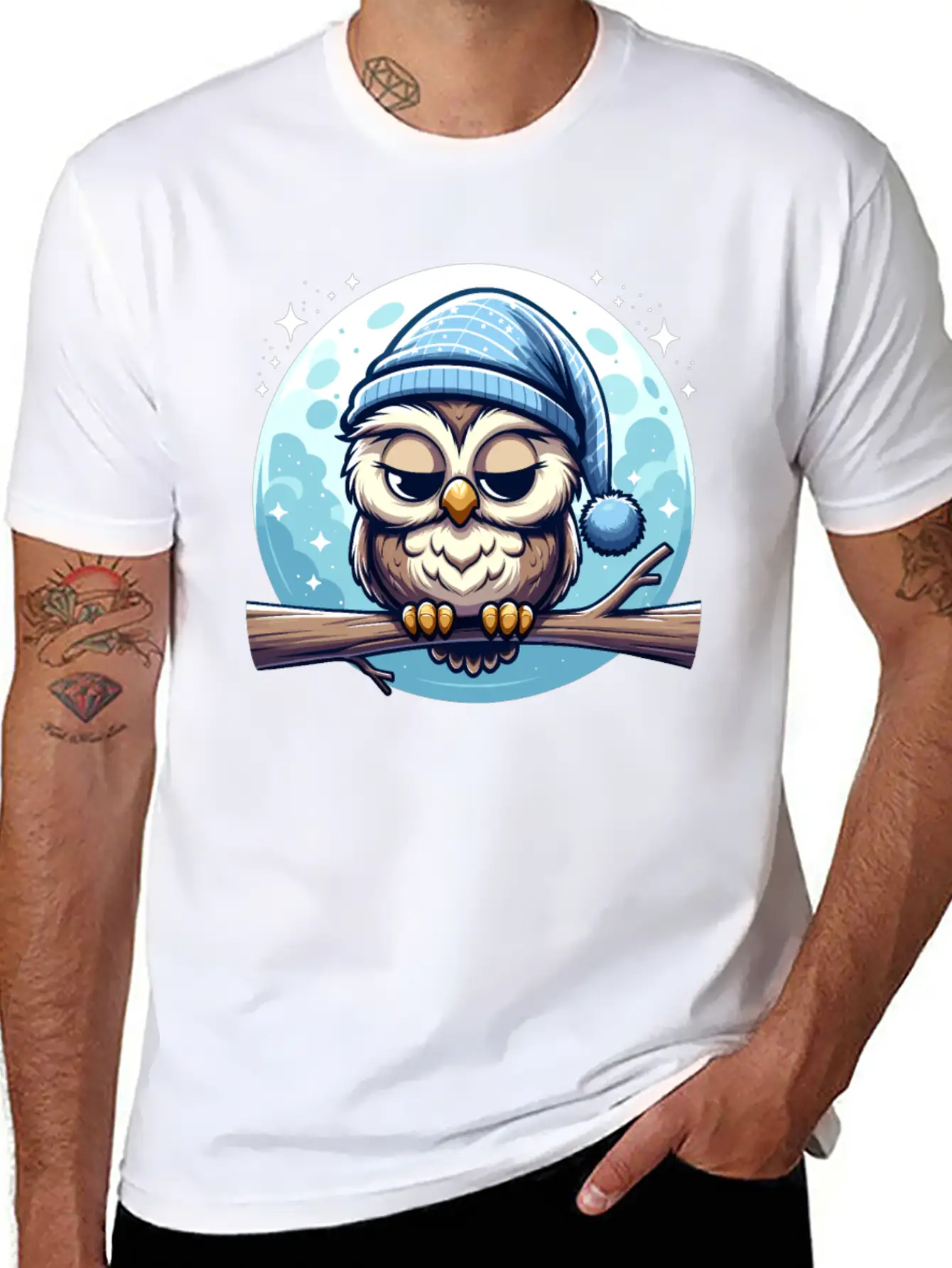 Owl Nightcap Sleeping Owl Moon Lightweight Cotton T-Shirt – Daily Comfort Graphic Shirt