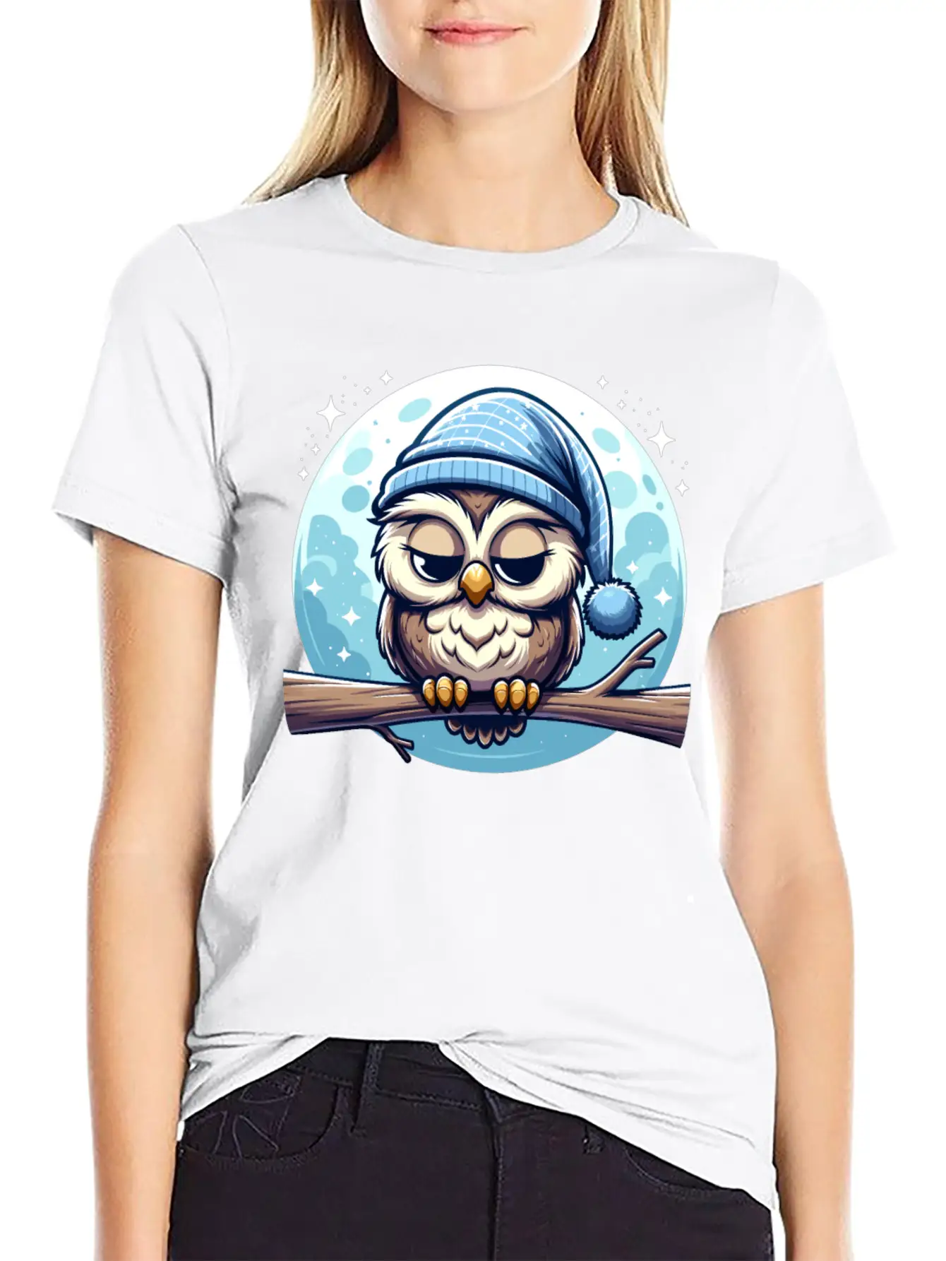 Owl Nightcap Sleeping Owl Moon Lightweight Cotton T-Shirt – Daily Comfort Graphic Shirt