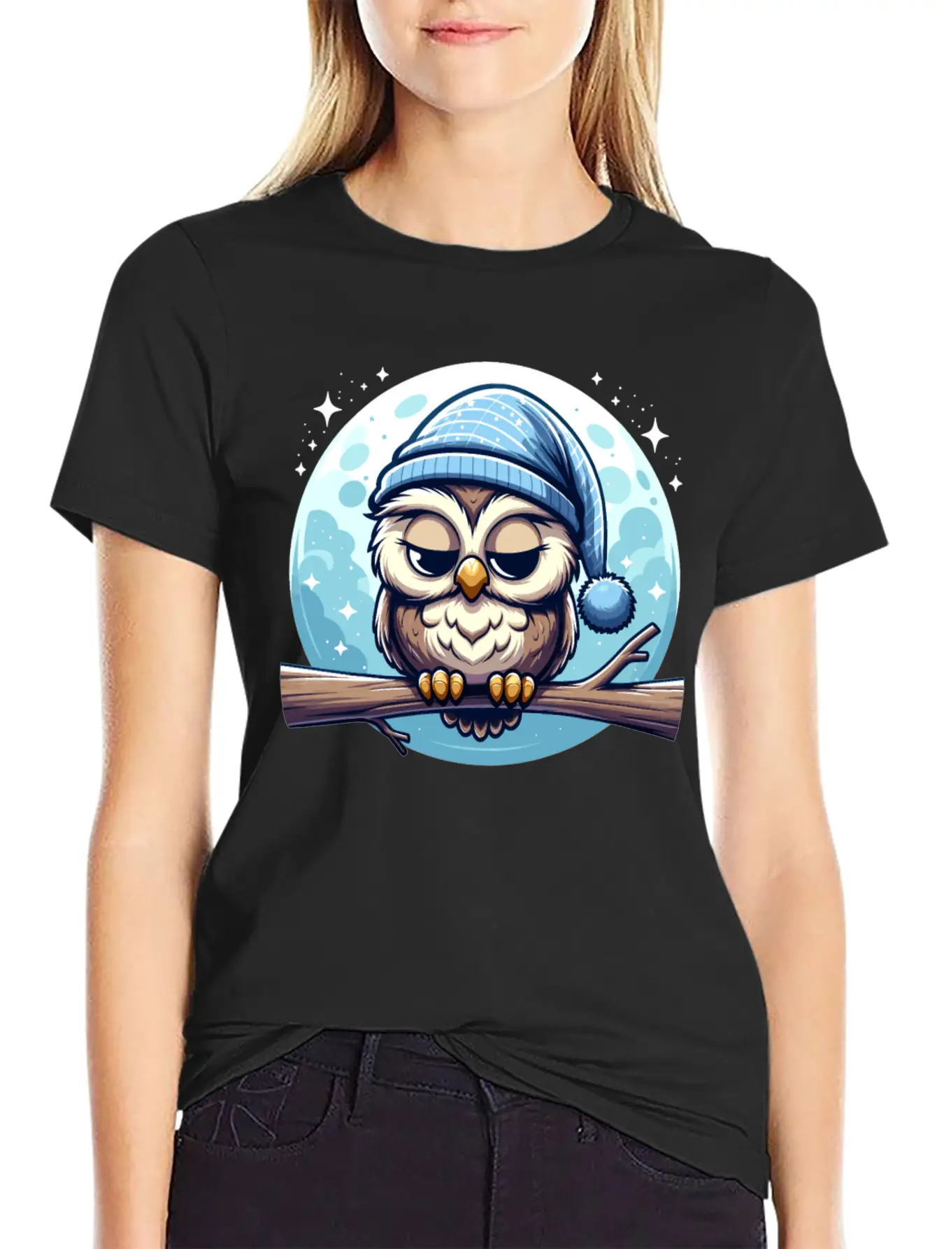 Owl Nightcap Sleeping Owl Moon Lightweight Cotton T-Shirt – Daily Comfort Graphic Shirt