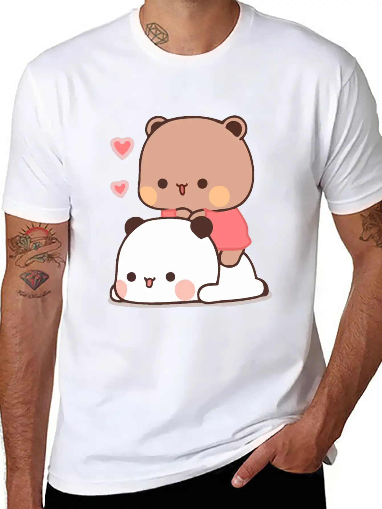 Panda And Brownie Bear Couple Love Valentine Bubu Lightweight Cotton T-Shirt – Daily Comfort Graphic Shirt
