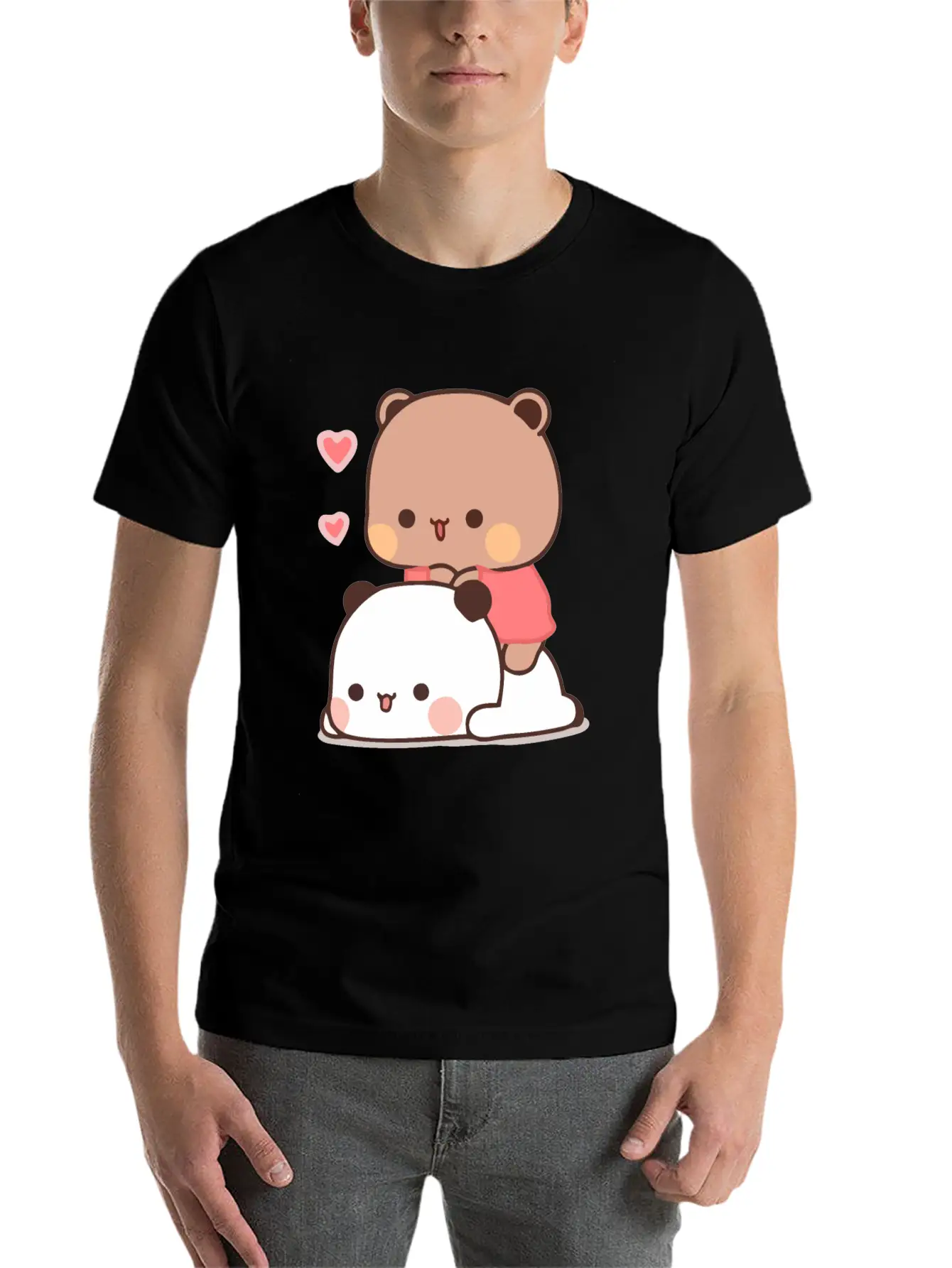 Panda And Brownie Bear Couple Love Valentine Bubu Lightweight Cotton T-Shirt – Daily Comfort Graphic Shirt