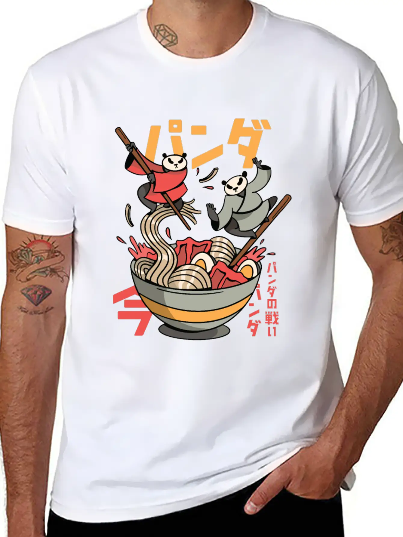 Panda Bears Fighting In Ramen Bowl With Chopsticks Classic Fit Graphic Tee For Daily Comfort – Unisex Cotton Shirt