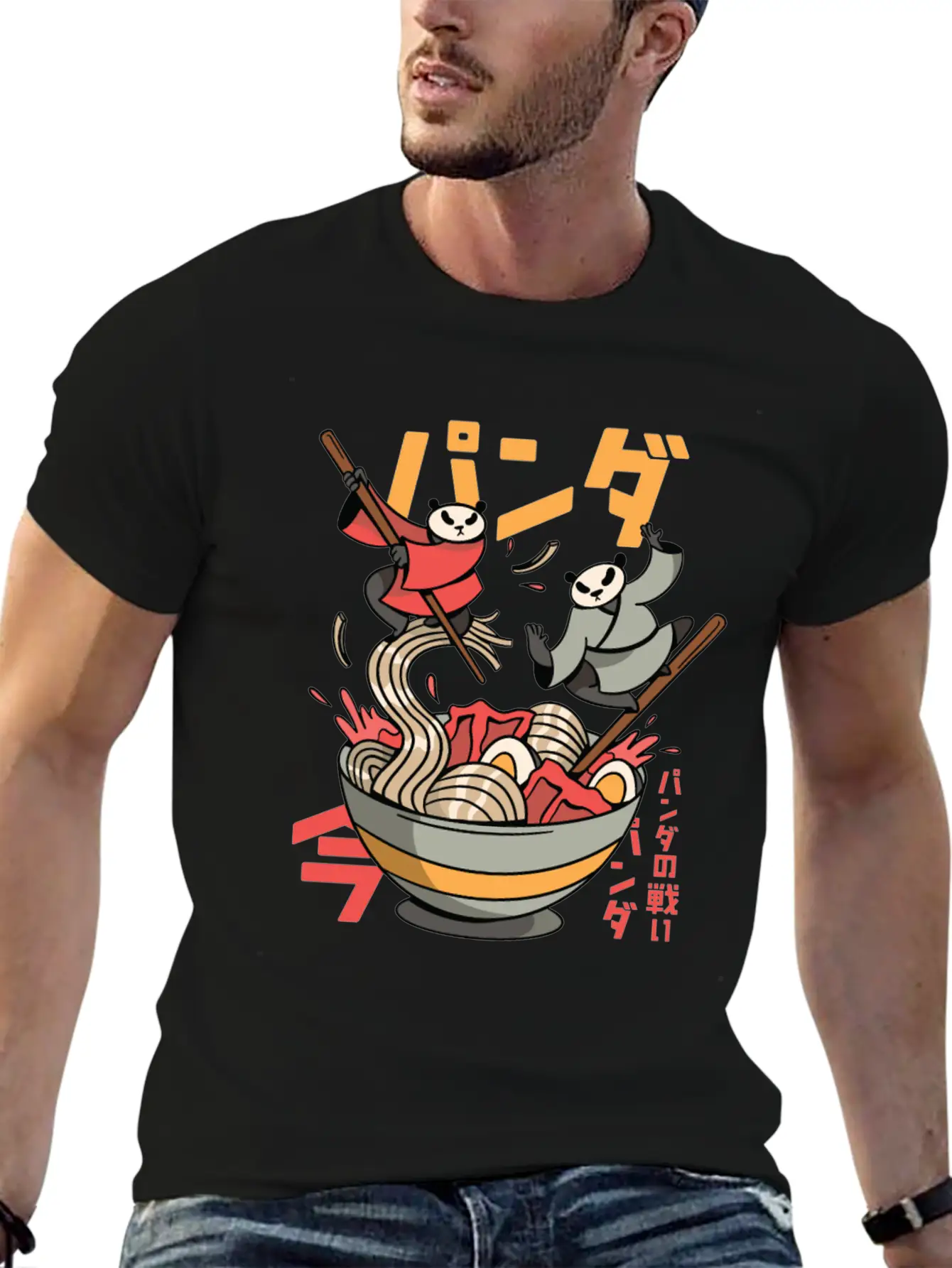 Panda Bears Fighting In Ramen Bowl With Chopsticks Classic Fit Graphic Tee For Daily Comfort – Unisex Cotton Shirt