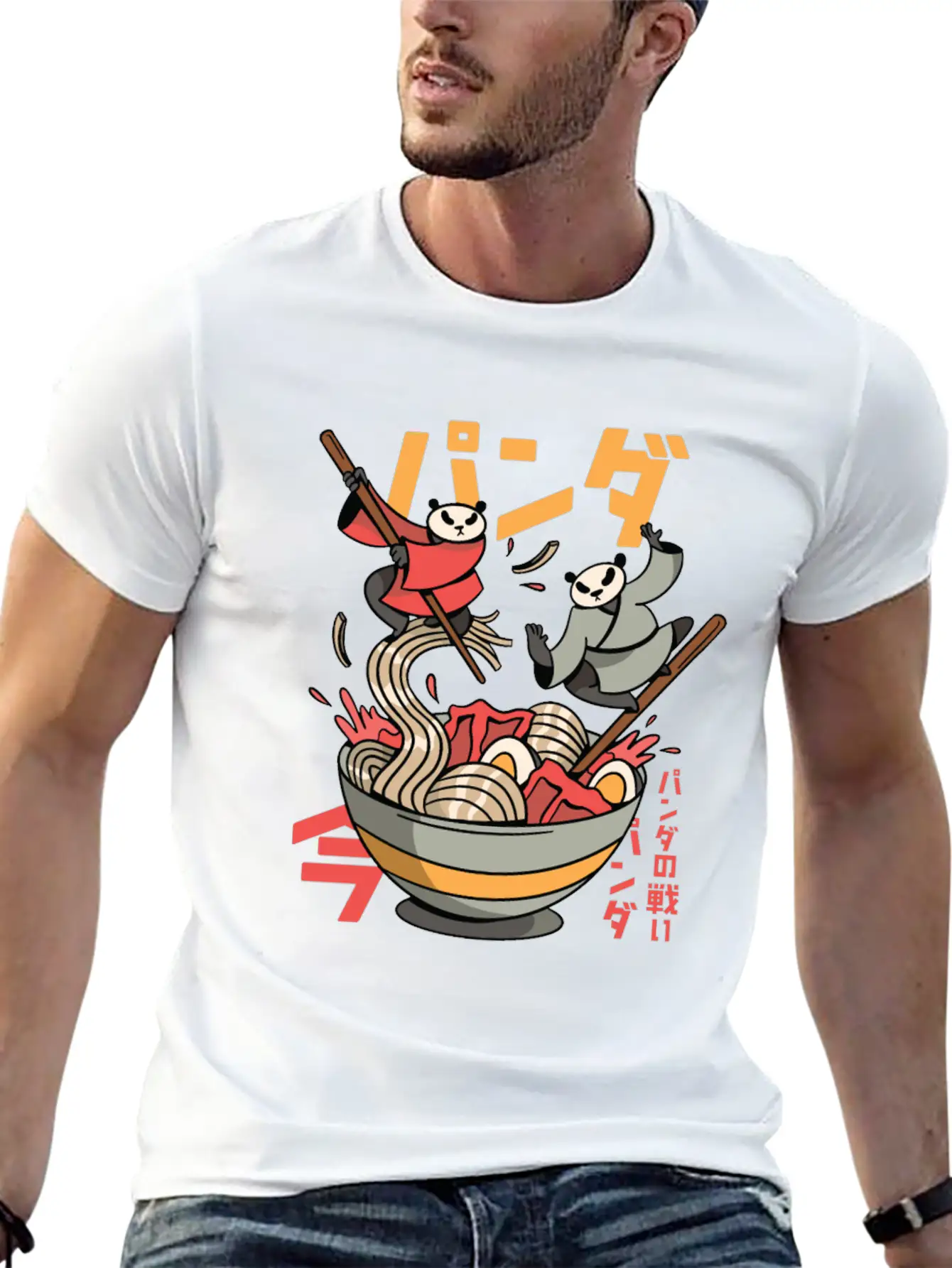 Panda Bears Fighting In Ramen Bowl With Chopsticks Classic Fit Graphic Tee For Daily Comfort – Unisex Cotton Shirt