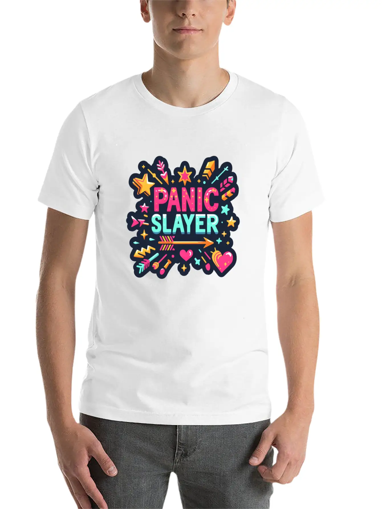 "Panic Slayer - Empowering Sticker Modern Fit Casual T-Shirt – Clean And Versatile Design
