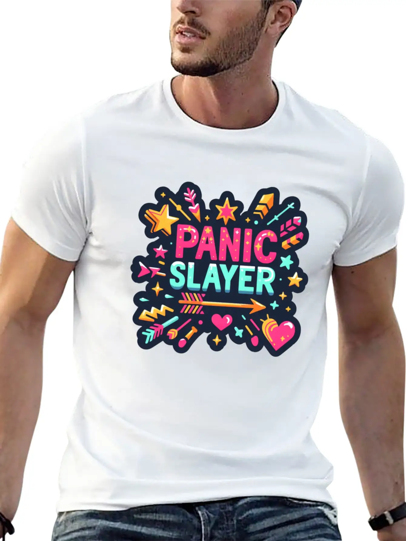 "Panic Slayer - Empowering Sticker Modern Fit Casual T-Shirt – Clean And Versatile Design