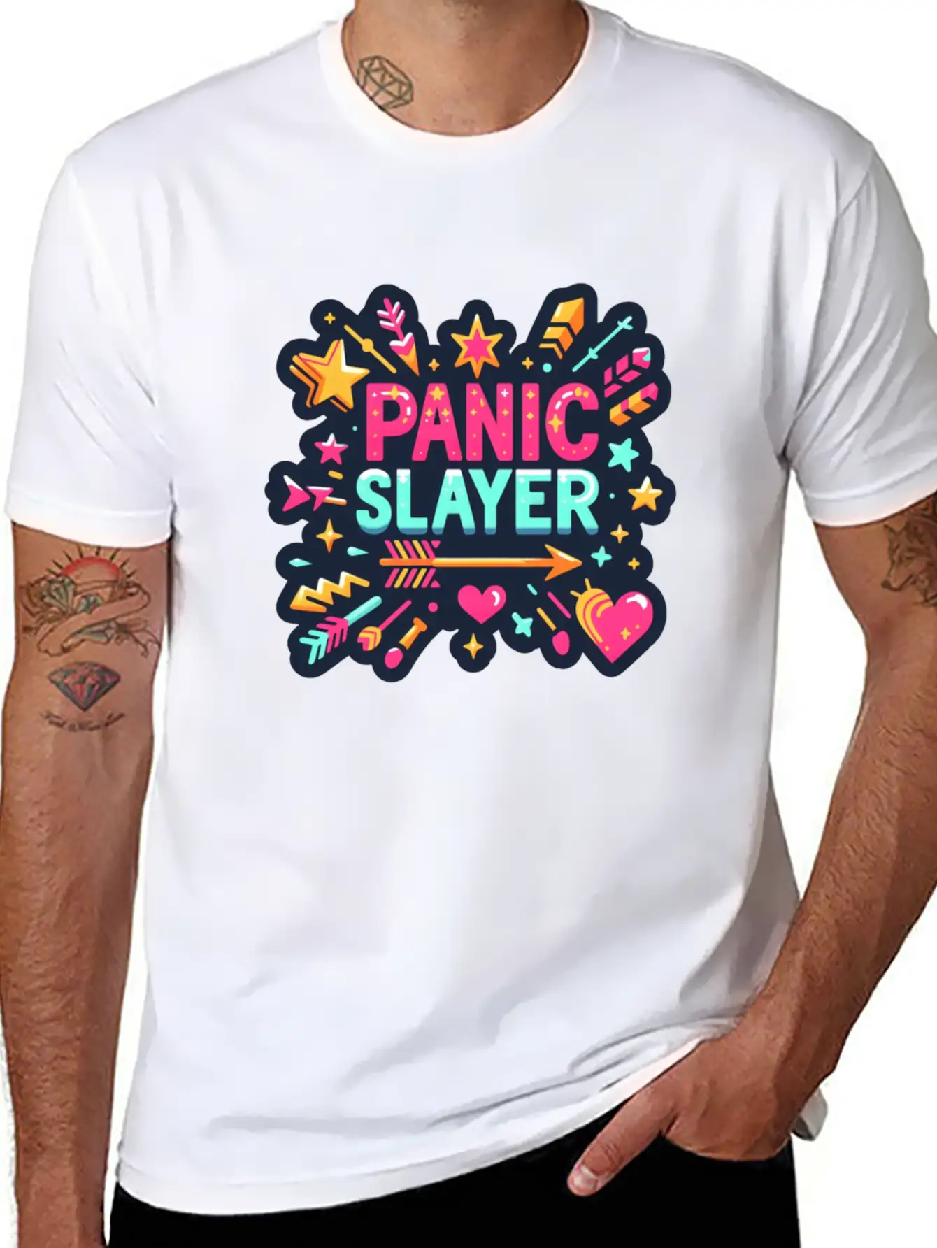 "Panic Slayer - Empowering Sticker Modern Fit Casual T-Shirt – Clean And Versatile Design