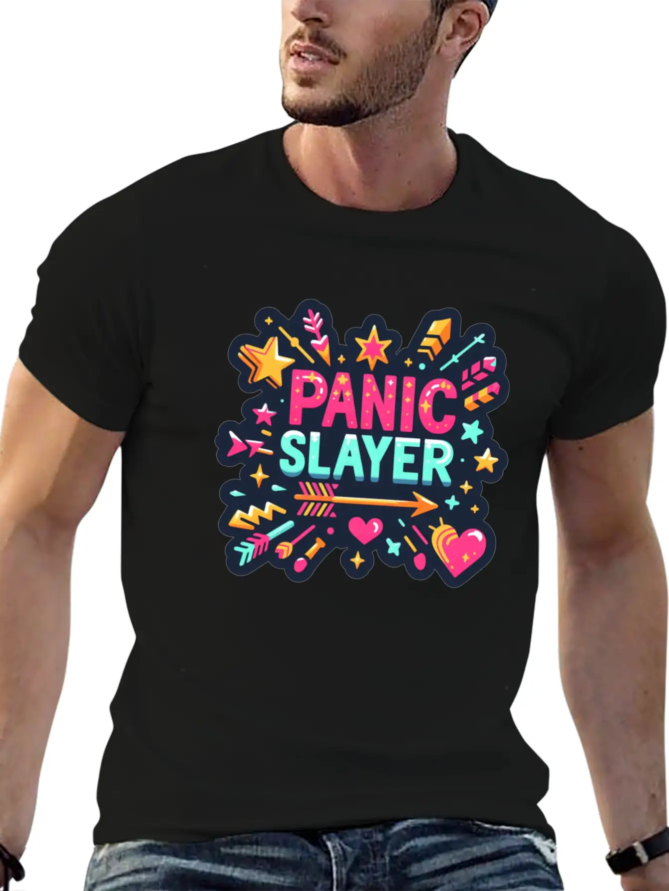 "Panic Slayer - Empowering Sticker Modern Fit Casual T-Shirt – Clean And Versatile Design