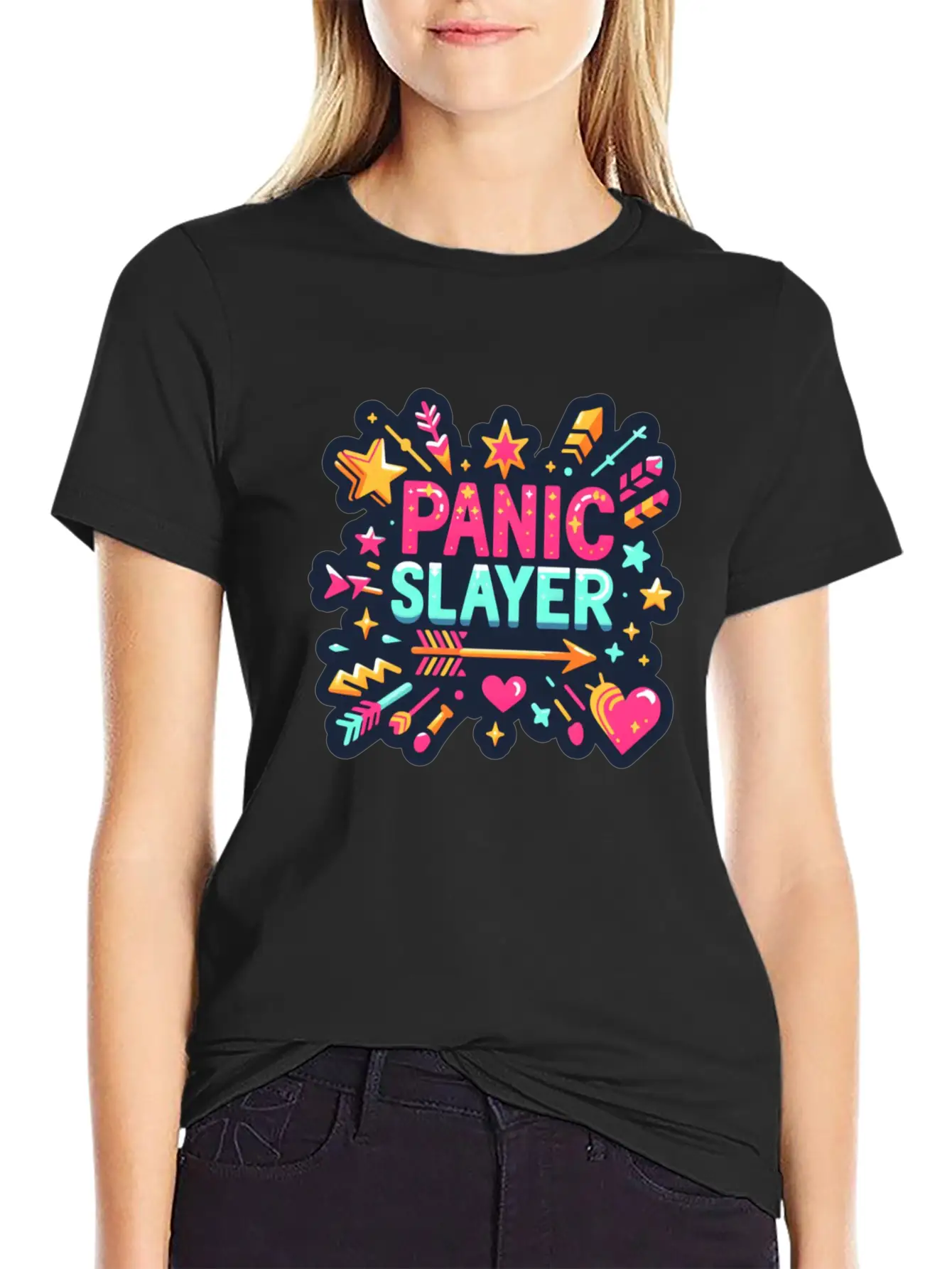 "Panic Slayer - Empowering Sticker Modern Fit Casual T-Shirt – Clean And Versatile Design