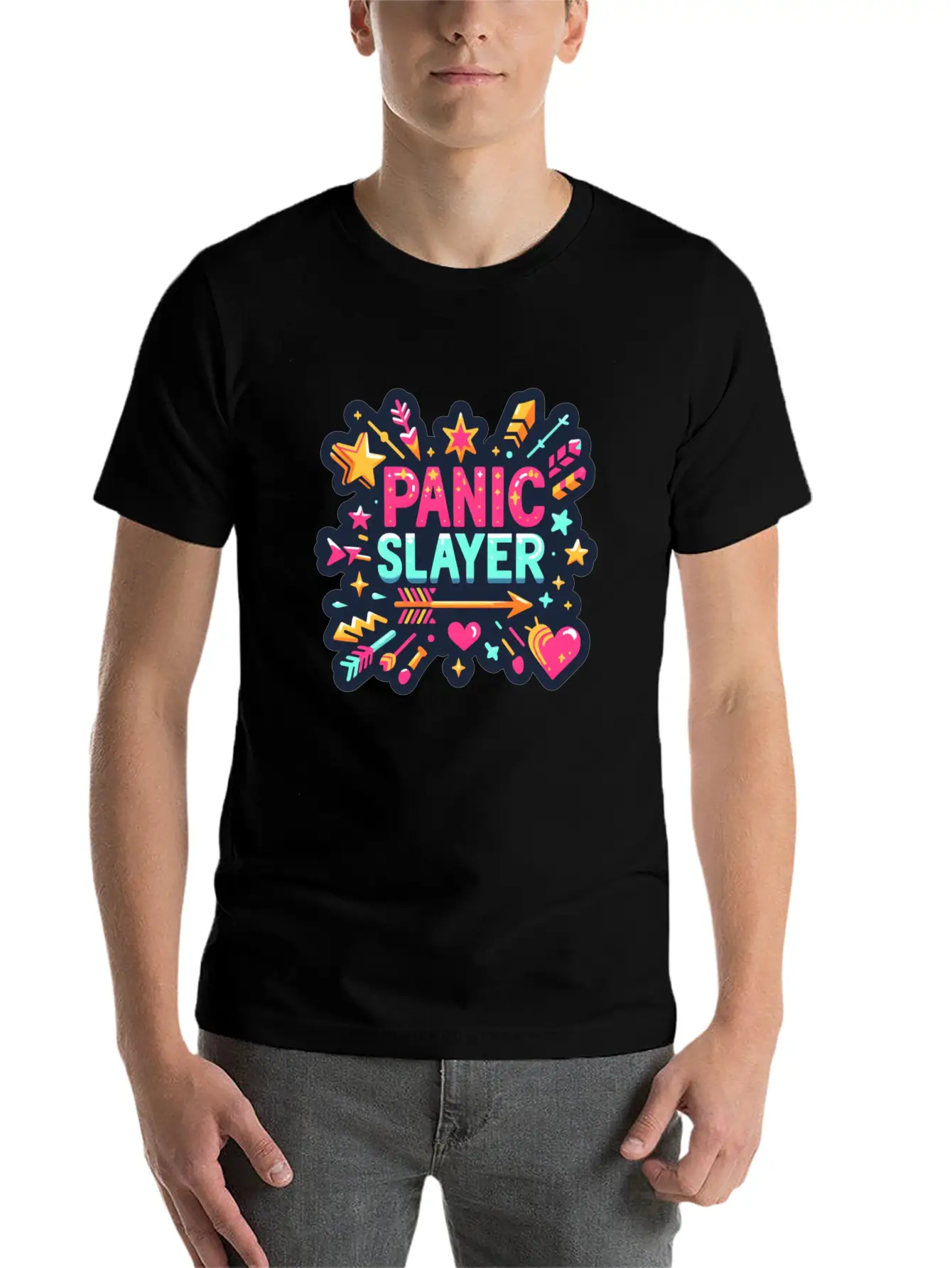 "Panic Slayer - Empowering Sticker Modern Fit Casual T-Shirt – Clean And Versatile Design