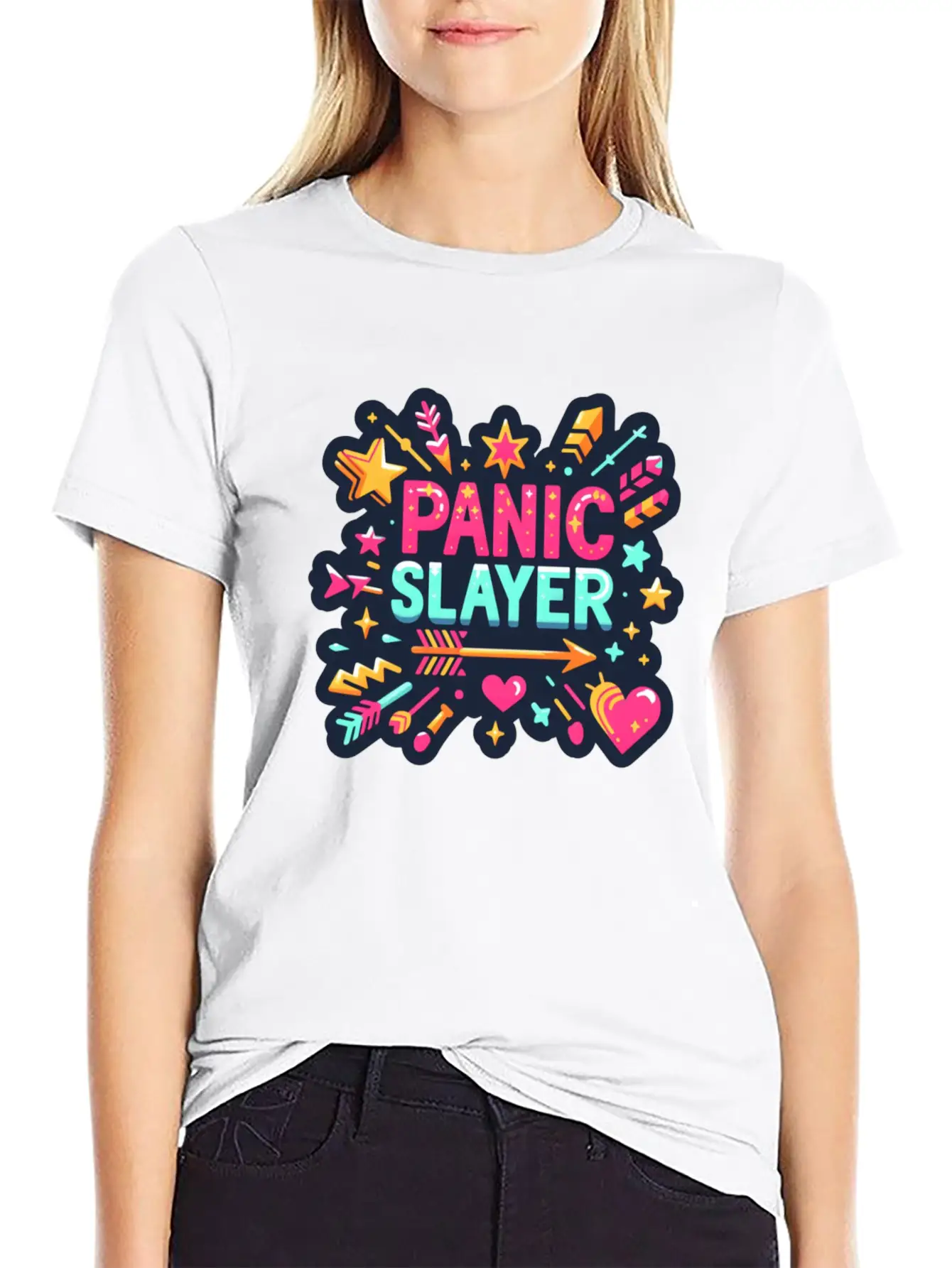 "Panic Slayer - Empowering Sticker Modern Fit Casual T-Shirt – Clean And Versatile Design