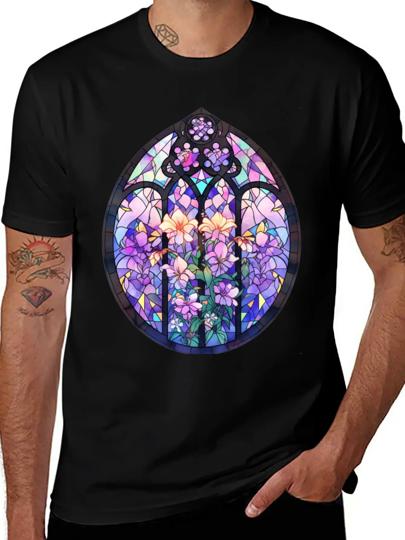 Pastel Goth Round Floral Stained Glass Unisex Casual T-Shirt – Clean Design For Daily Comfort