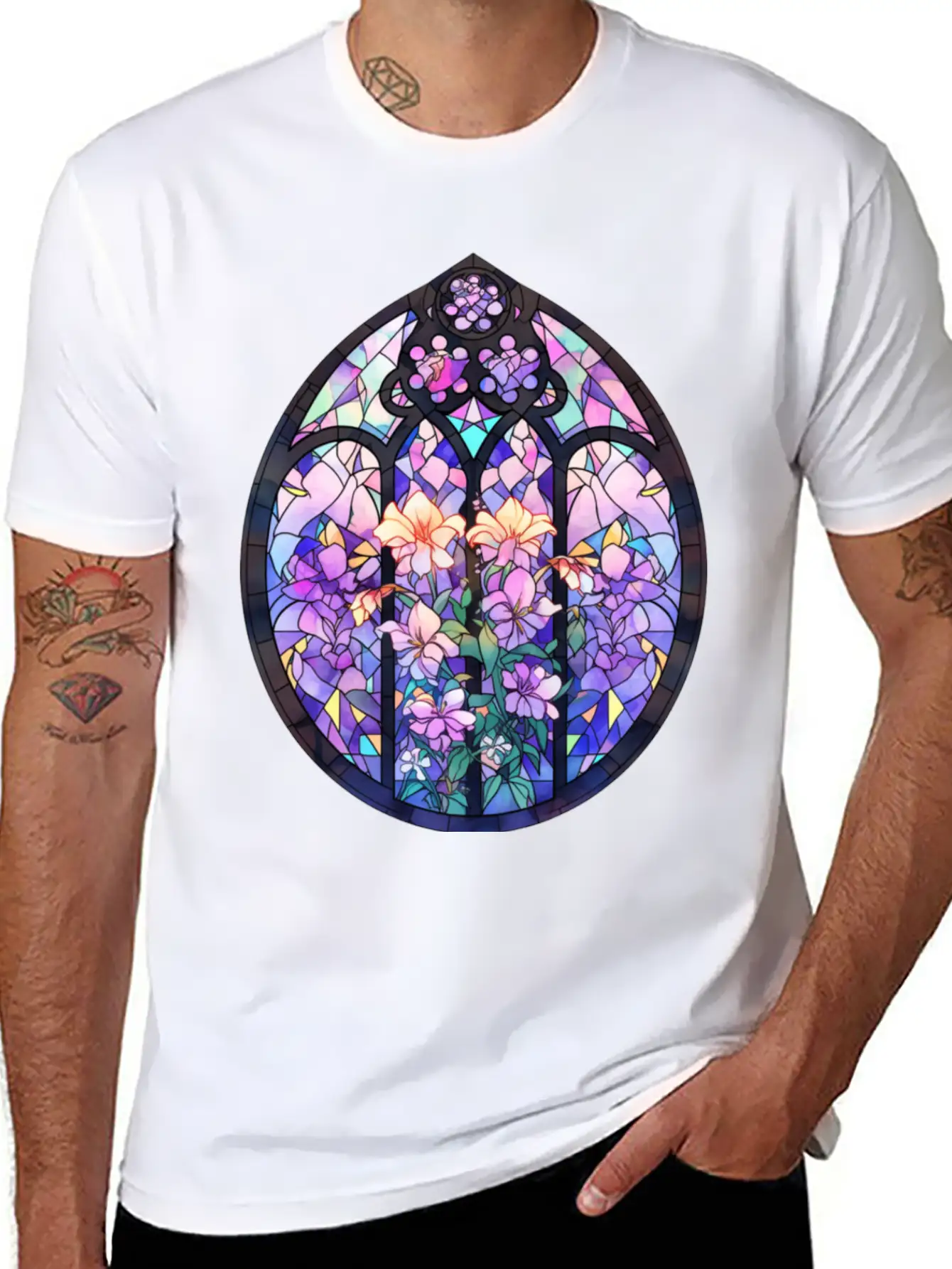 Pastel Goth Round Floral Stained Glass Unisex Casual T-Shirt – Clean Design For Daily Comfort