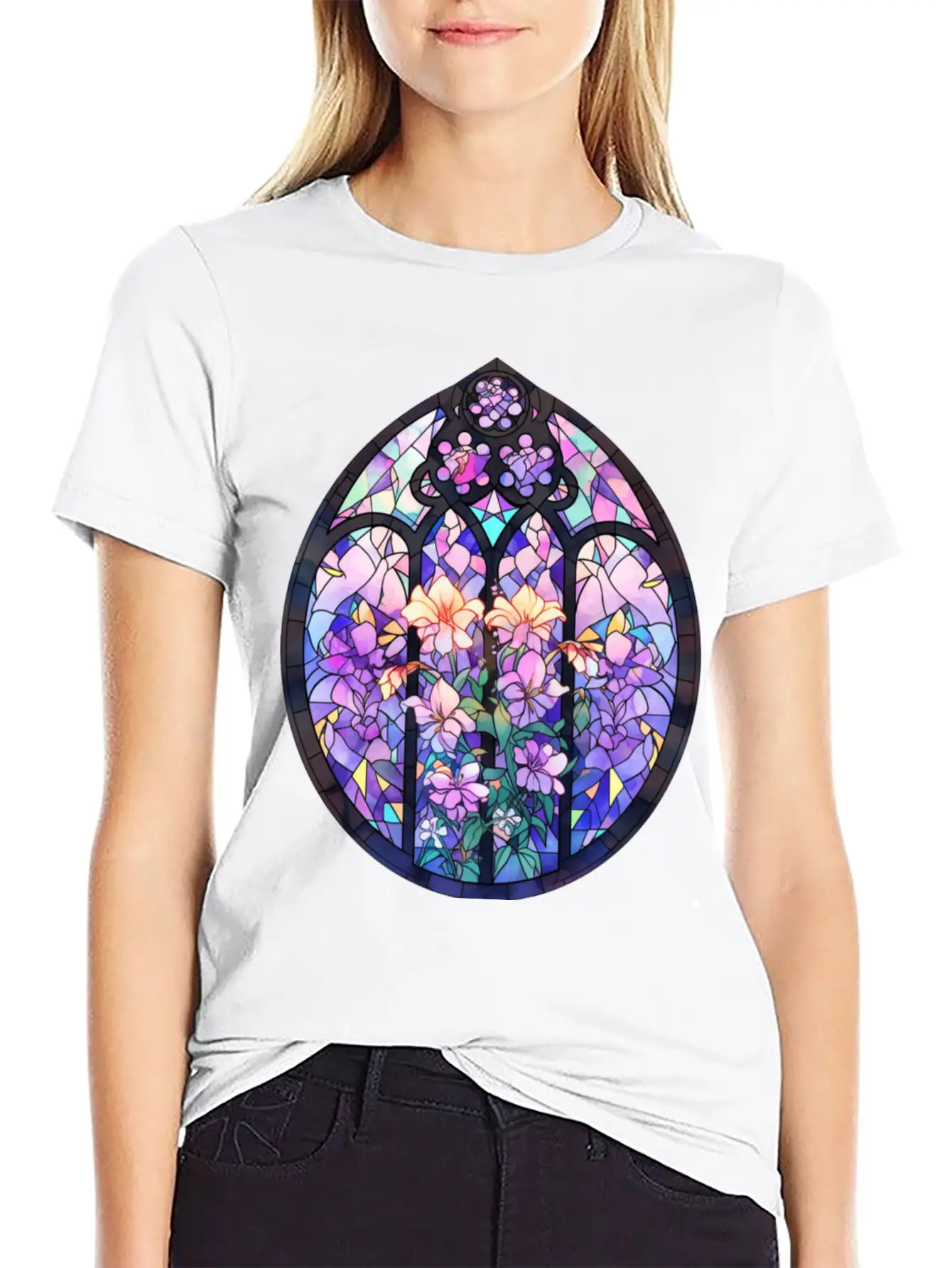Pastel Goth Round Floral Stained Glass Unisex Casual T-Shirt – Clean Design For Daily Comfort
