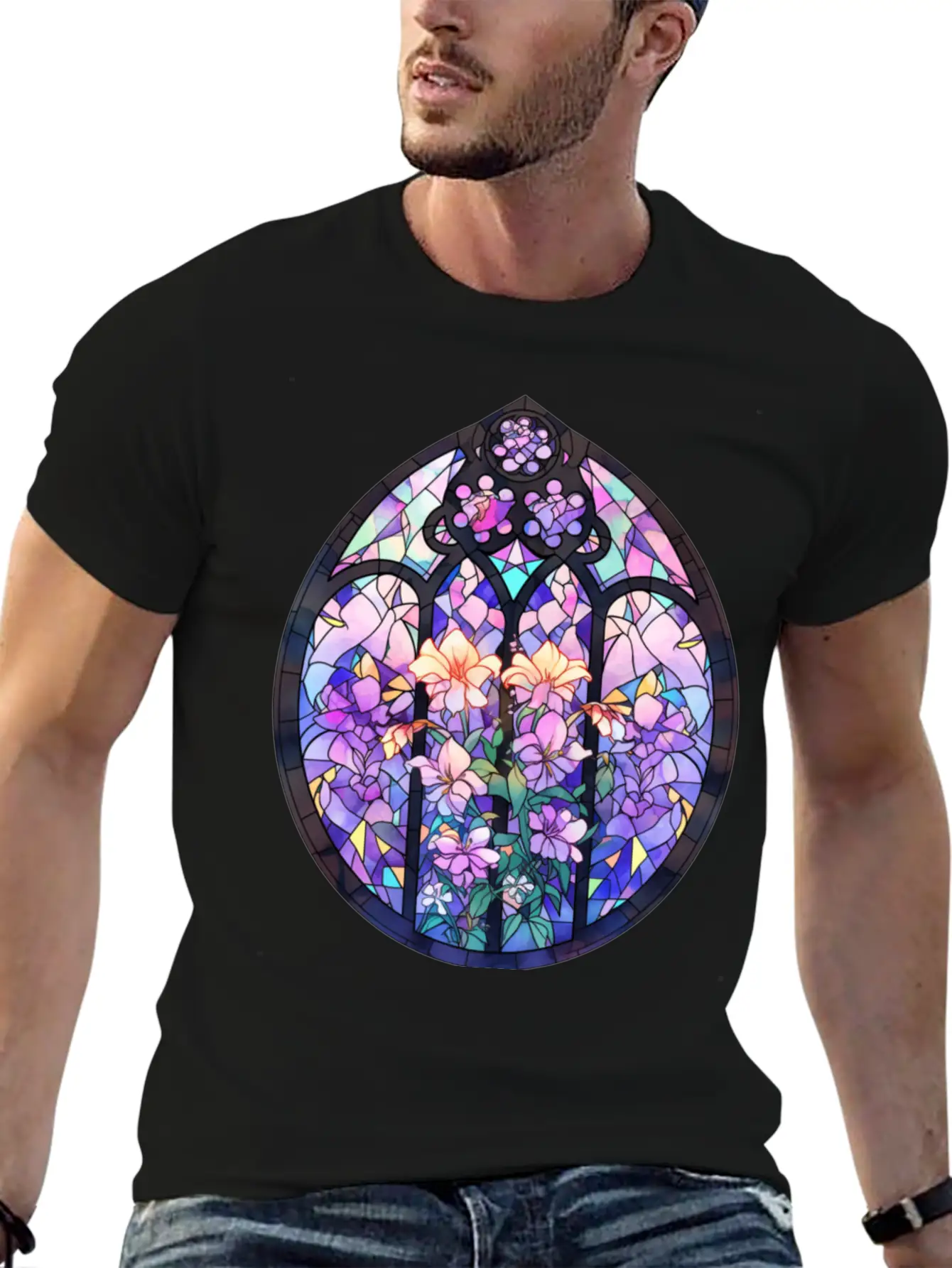 Pastel Goth Round Floral Stained Glass Unisex Casual T-Shirt – Clean Design For Daily Comfort
