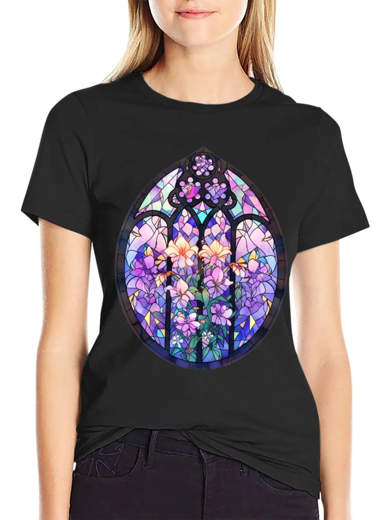 Pastel Goth Round Floral Stained Glass Unisex Casual T-Shirt – Clean Design For Daily Comfort