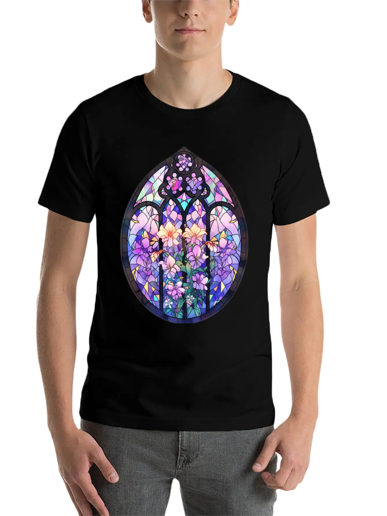 Pastel Goth Round Floral Stained Glass Unisex Casual T-Shirt – Clean Design For Daily Comfort