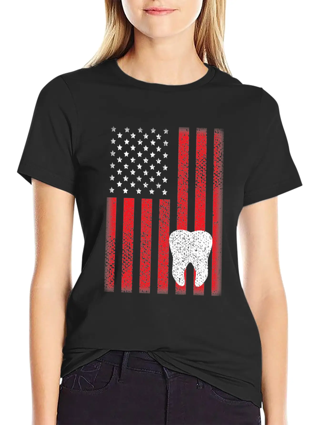 Patriotic USA Flag Tooth Dentist Dental Hygienist Modern Fit Casual T-Shirt – Clean And Versatile Design