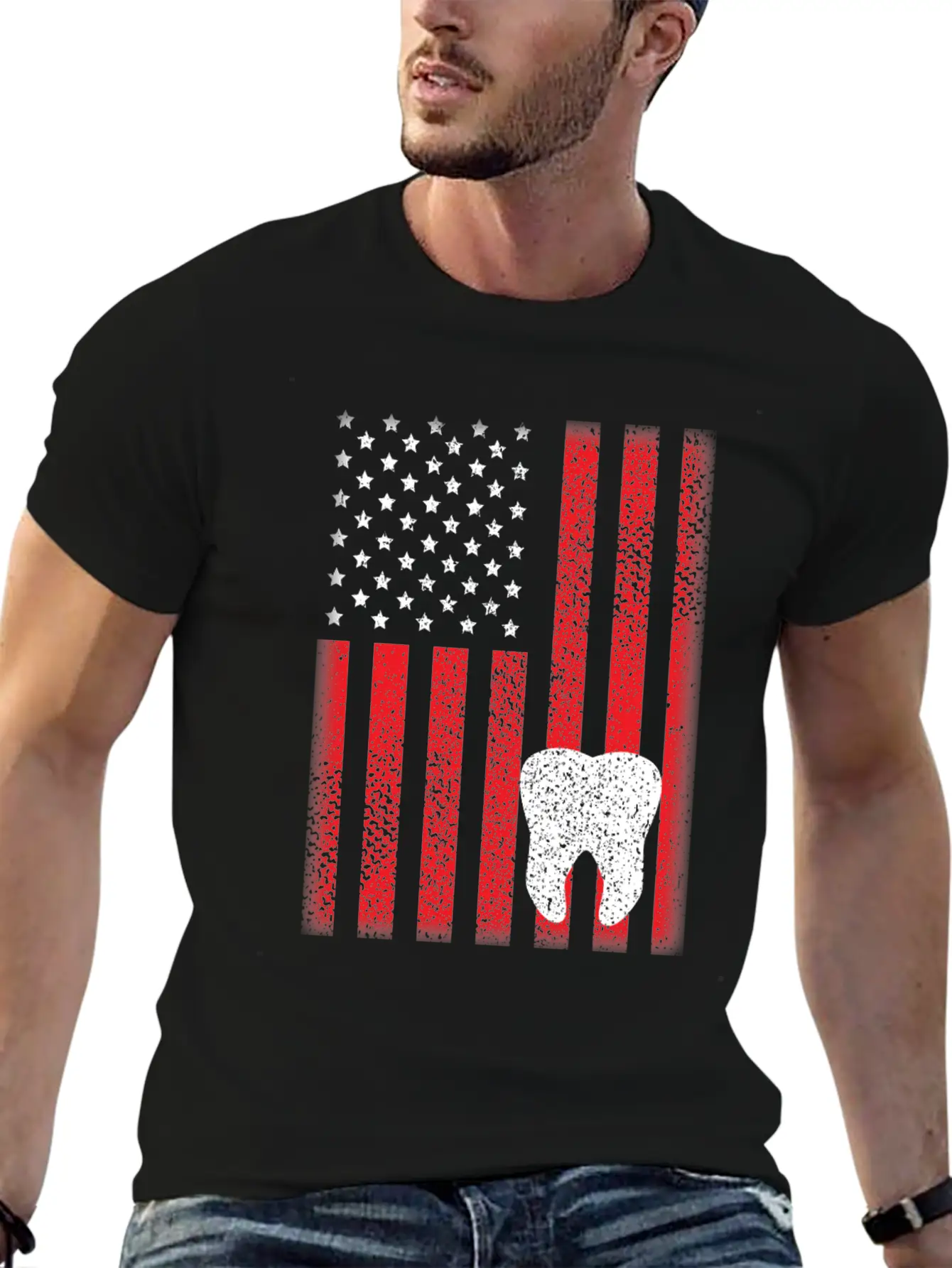 Patriotic USA Flag Tooth Dentist Dental Hygienist Modern Fit Casual T-Shirt – Clean And Versatile Design