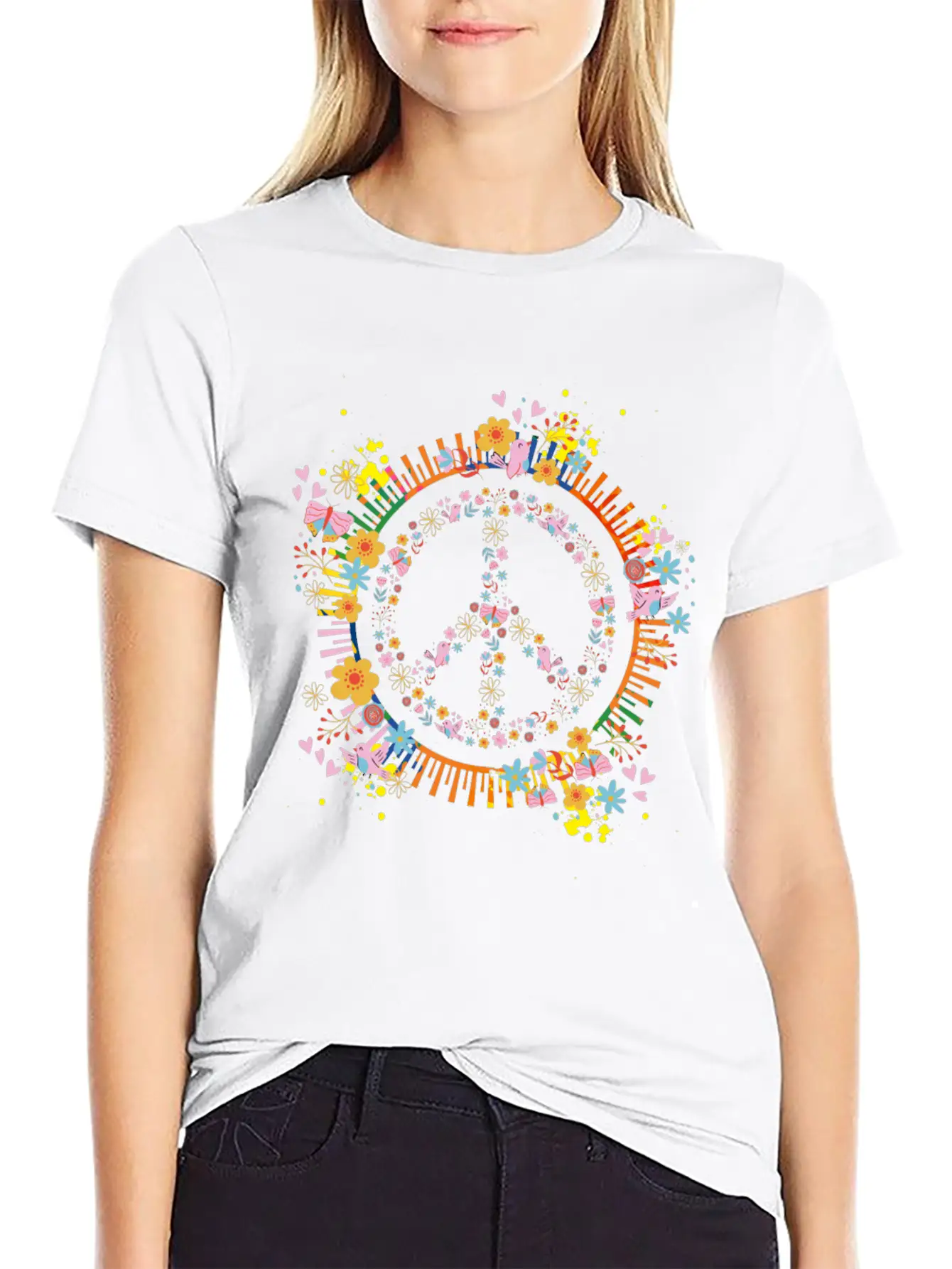 Peace Sign Flowers Girls Women Hippie Lightweight Cotton T-Shirt – Daily Comfort Graphic Shirt