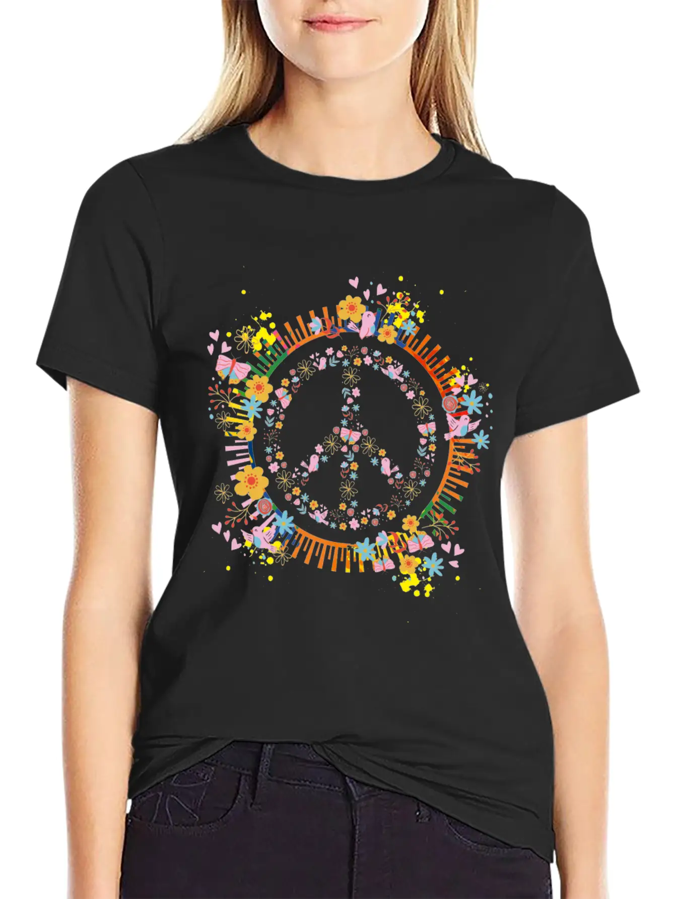 Peace Sign Flowers Girls Women Hippie Unisex Casual T-Shirt – Clean Design For Daily Comfort