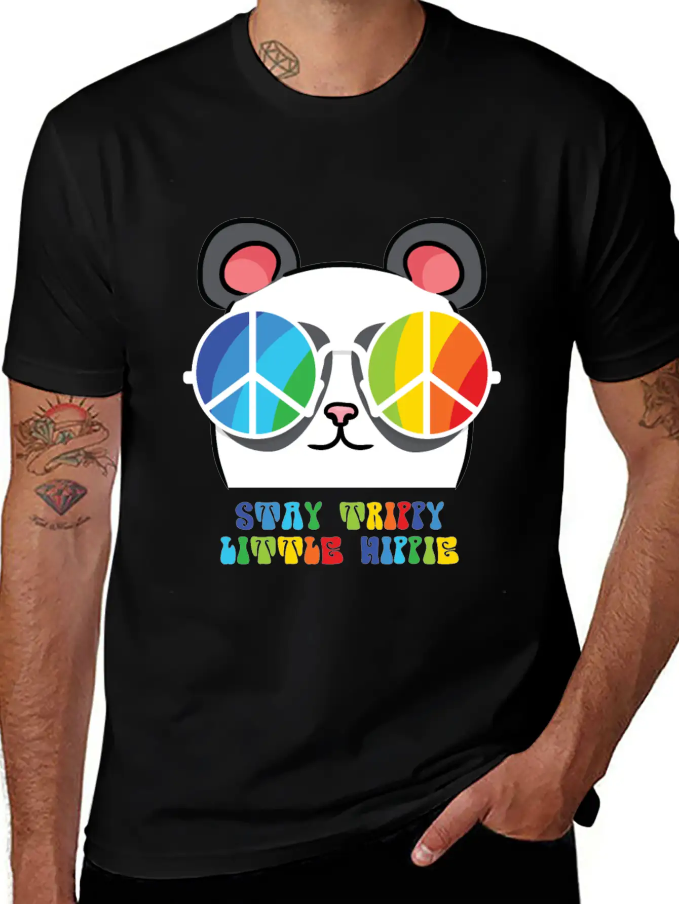 Peace Sign, Freedom, Rainbow Colors, Cute Panda Lightweight Cotton T-Shirt – Daily Comfort Graphic Shirt