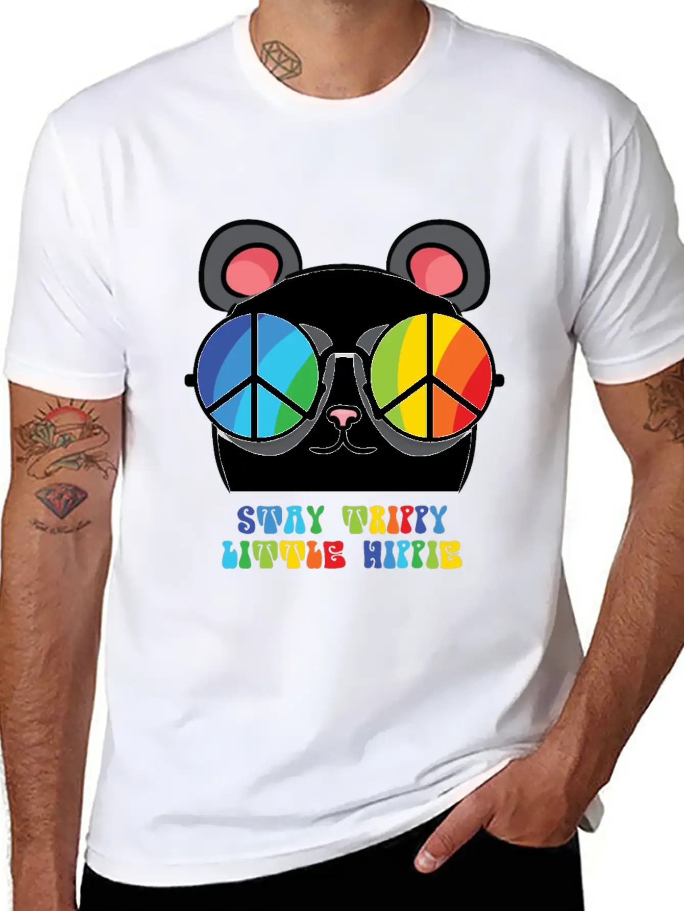 Peace Sign, Freedom, Rainbow Colors, Cute Panda Lightweight Cotton T-Shirt – Daily Comfort Graphic Shirt