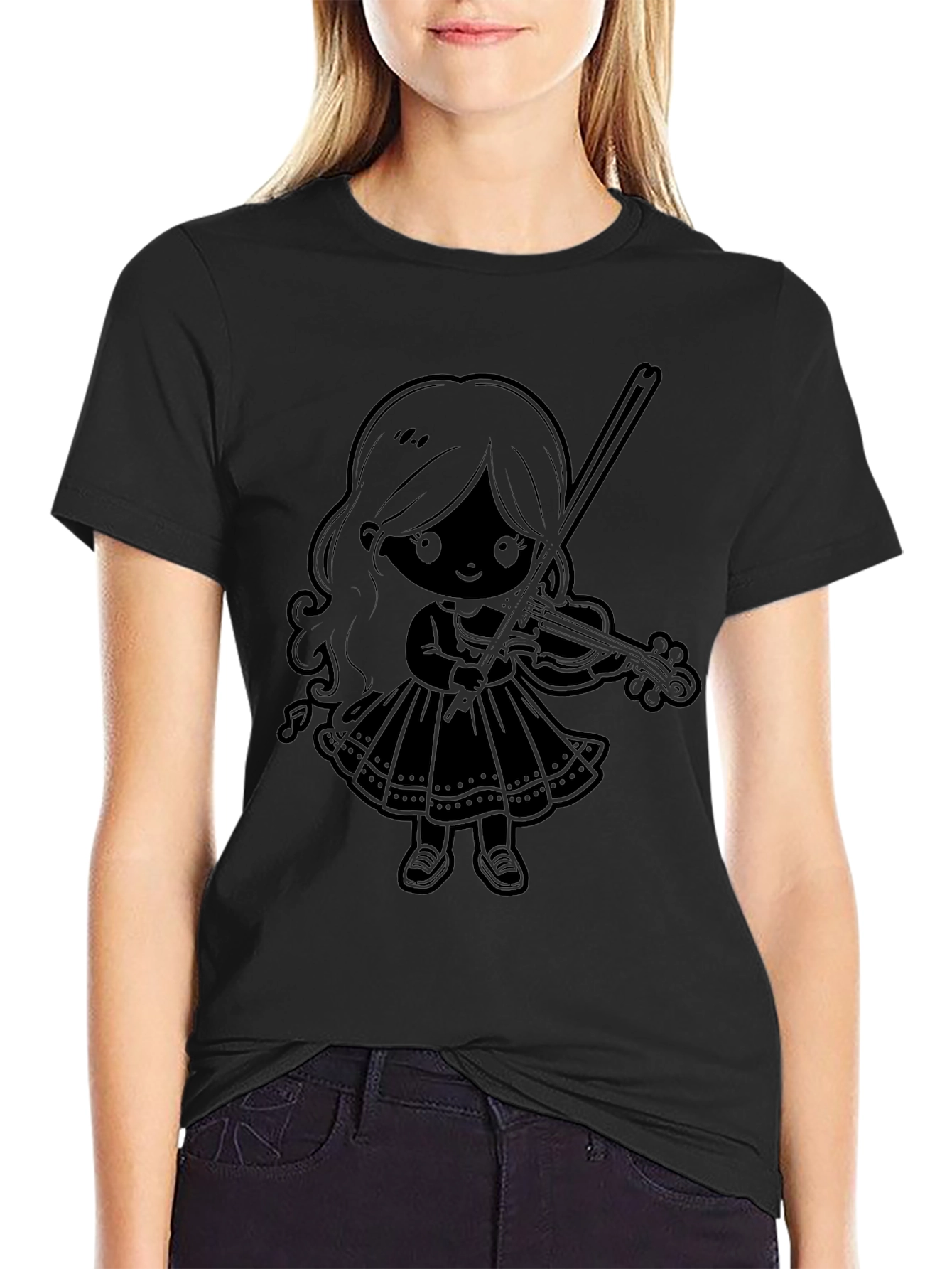 Violinist Girl Graphic Tee - Black Cotton Comfort