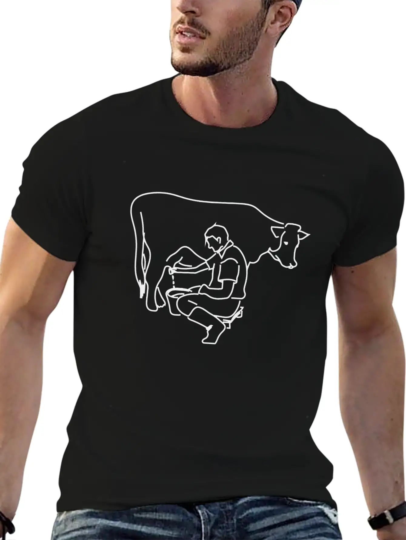 Person Milking A Cow Line Art Essential Cotton Tee For Daily Outfits – Unisex Style
